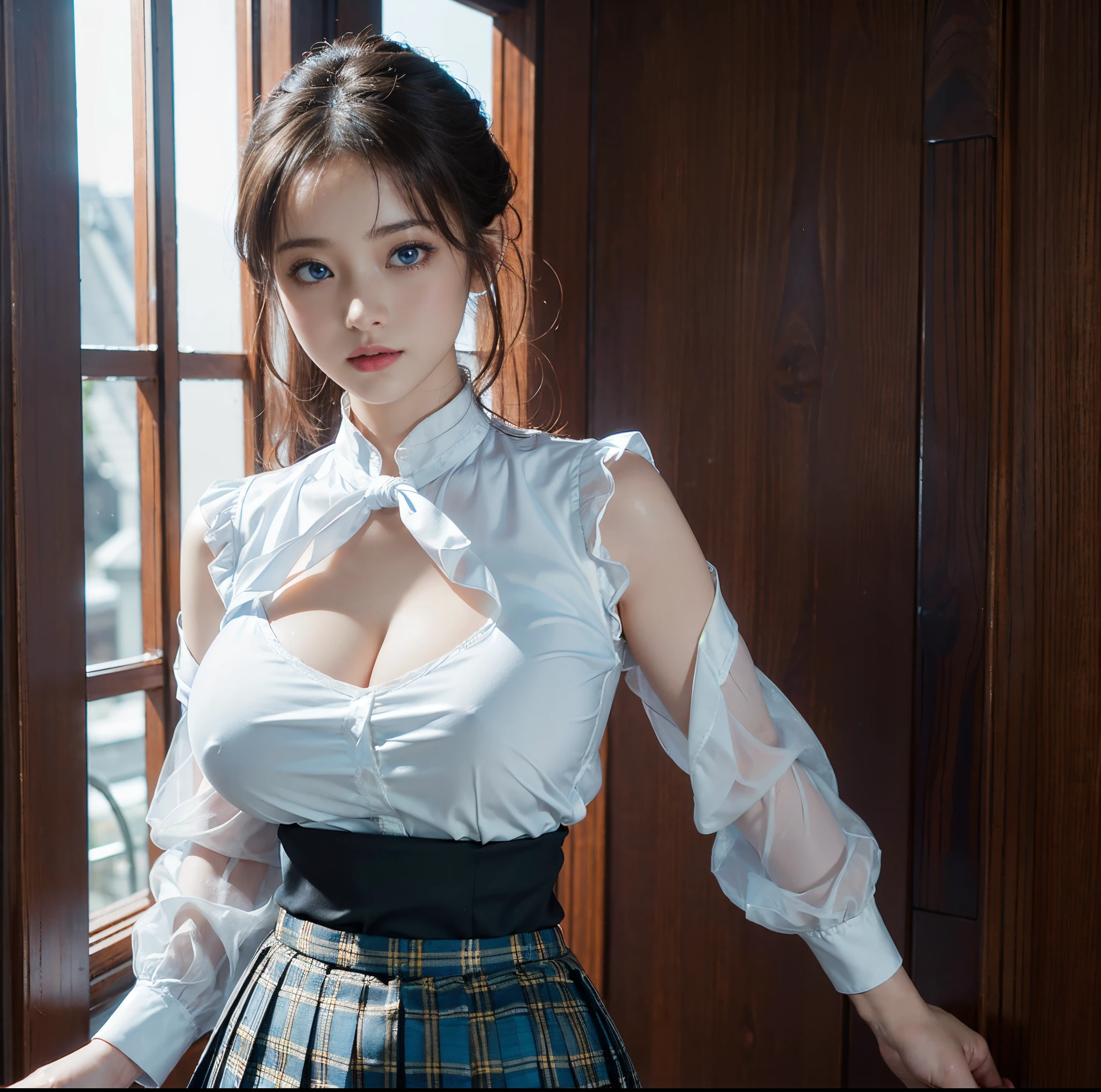 top-quality, 8K picture quality, masterpiece, Professional lighting without shadows, A hyper-realistic, perfect anatomia, Two girls, (with perfect body、Colossal breasts with tension:1.2), Bright,Whitens dark skin evenly, (Plump red tear bags and bright and beautiful blue eyes reflect a lot of light:1.2)、 He is wearing a deep red ribbon tie.、A tight blouse made of extremely thin white fabric.、No skin is exposed on the upper body。, Dress up with a super short mini pleated tartan check skirt., (Her skirt is too short:1.3), (Proudly showing off her taut huge breasts from the front through her blouse:1.2), (Another girl on the other side shows off her big ass from behind), ssmile, stare at each other