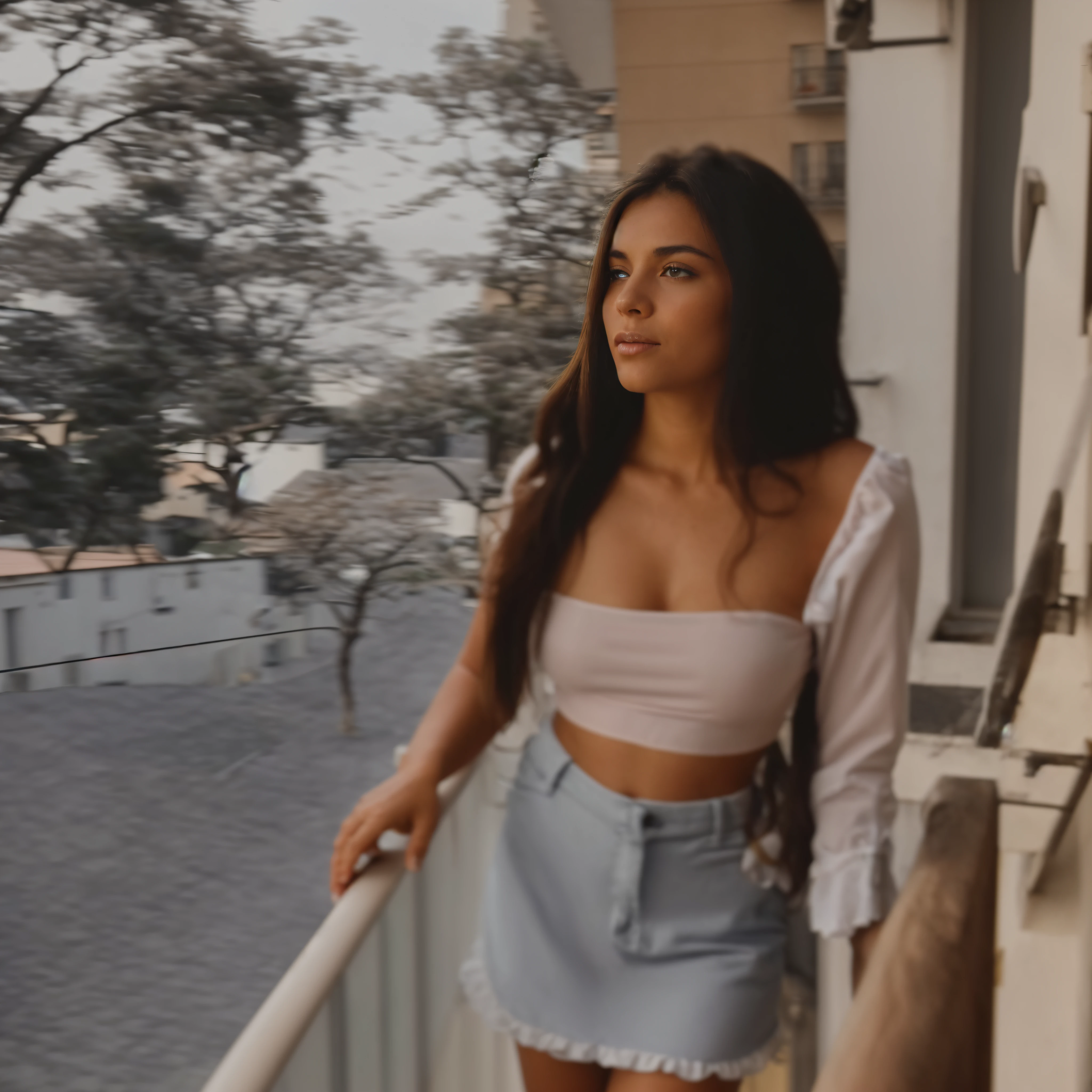 there is a woman standing on a balcony, Filmagens de baixa qualidade, low quality video, altamente realista. live cam, filmagens antigas, Imagens granuladas, clipe estendido, Imagens da webcam, 2 Modelo feminina de 4 anos, olhar sexy