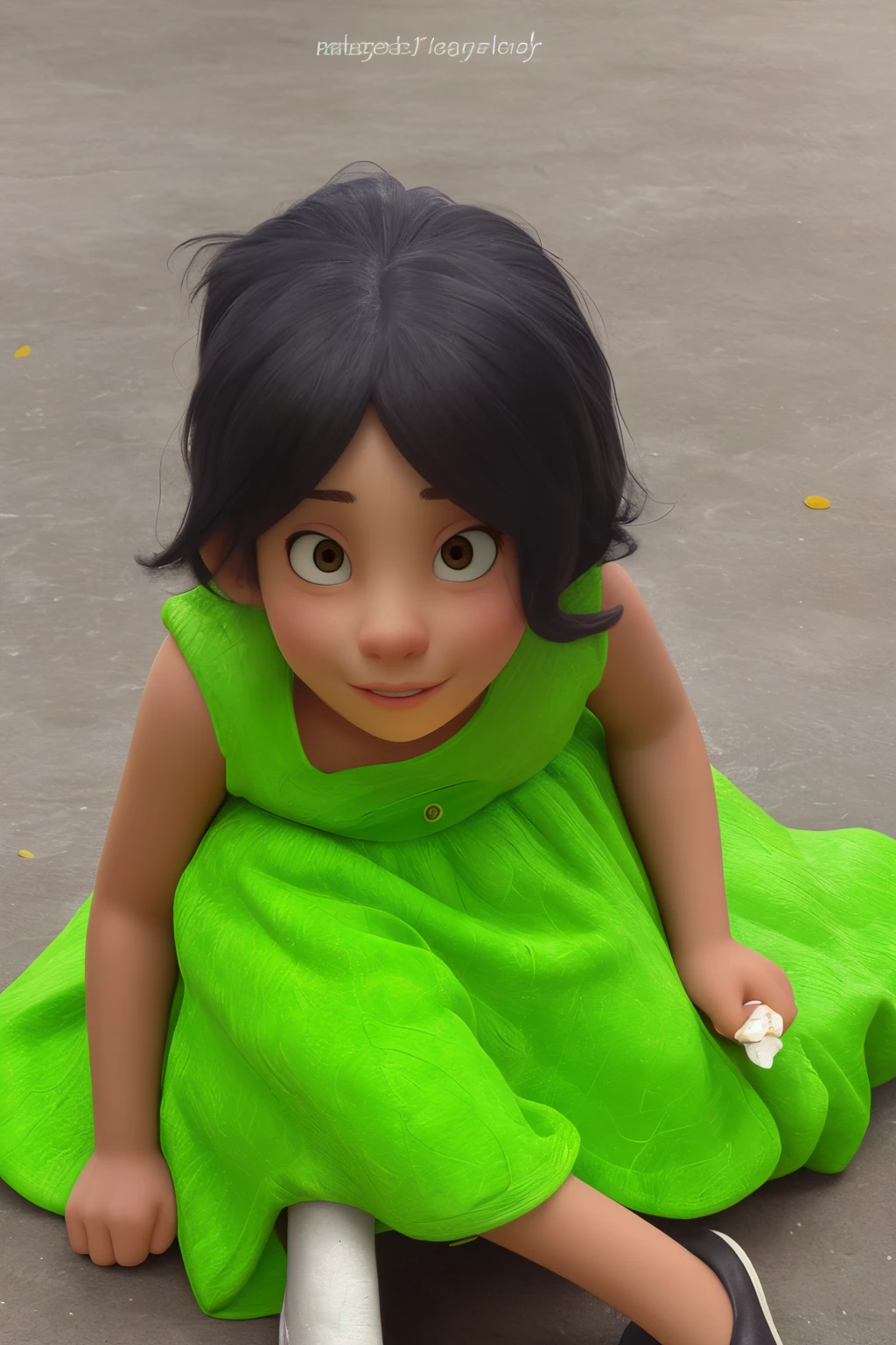 A cute is sitting on the floor and looking up. She is wearing a green dress and holding a white flower in her right hand.