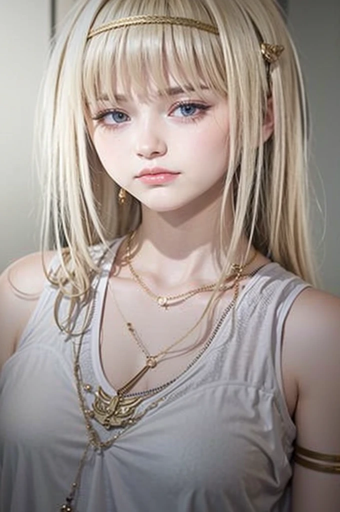 Girl, sad face, blonde long hair with gold bandana, white tank top, gold arm bracelet