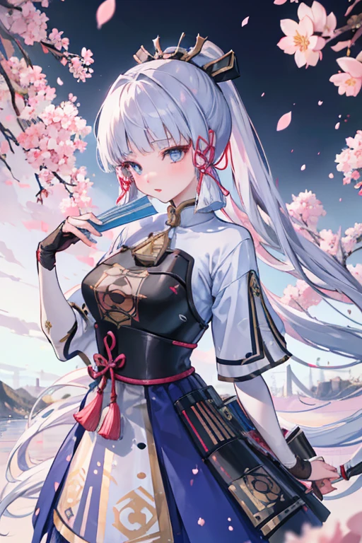 Ayaka Kamisato_(the original god_influencer),Linwalp,1个Giant Breast Girl,Alone,Redlip,GameCG,eBlue eyes,The upper part of the body,silber hair,(Very long hair:1.3),Outdoor activities,Cherry blossom rain,Take a fan，Portrait