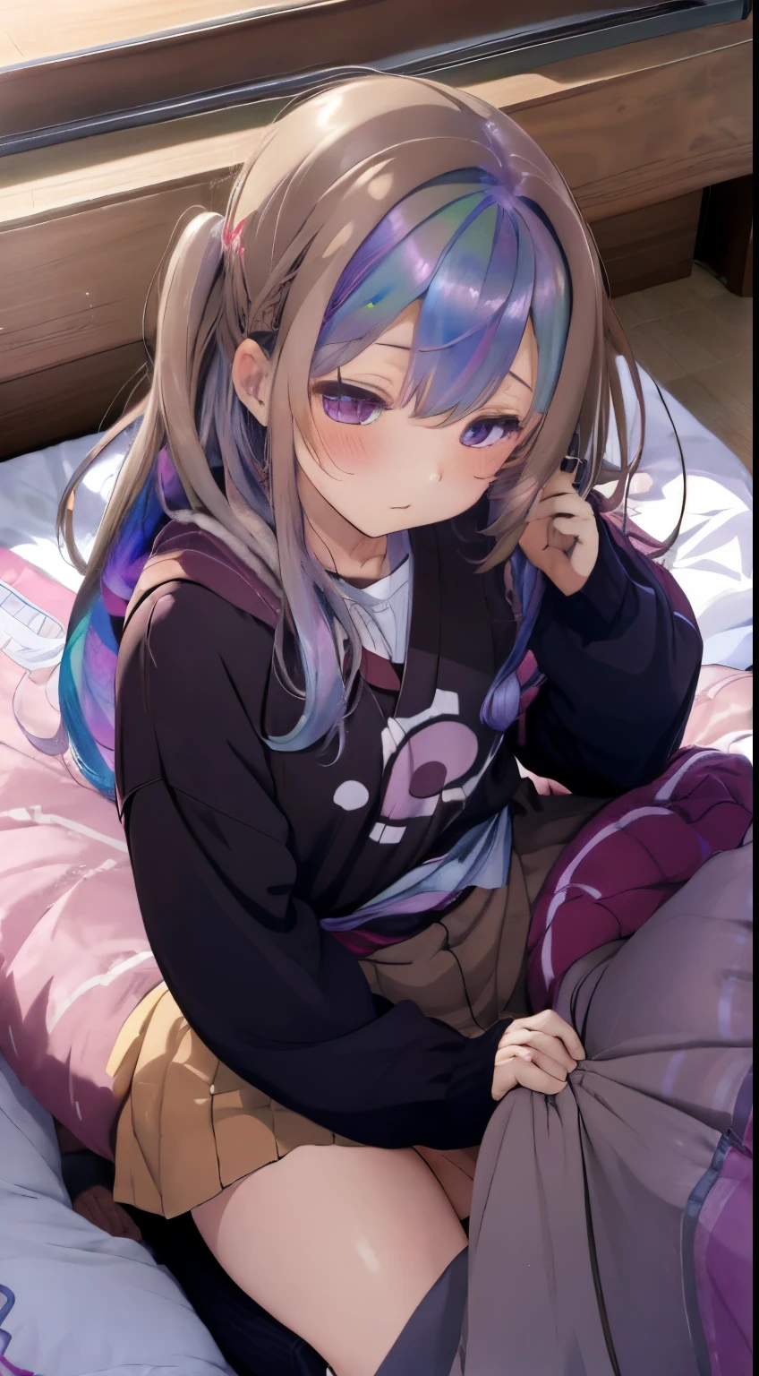 Room with a kotatsu,Girl's room for living alone,Winter clothes,loose-fitting long-sleeved clothing,sleeping under the kotatsu,Sleeping face,Sleeping comfortably...,fluffy hair,lightbrown hair,Iridescent light,rainbow colored hair and clothes,Place study tools on top of the kotatsu,