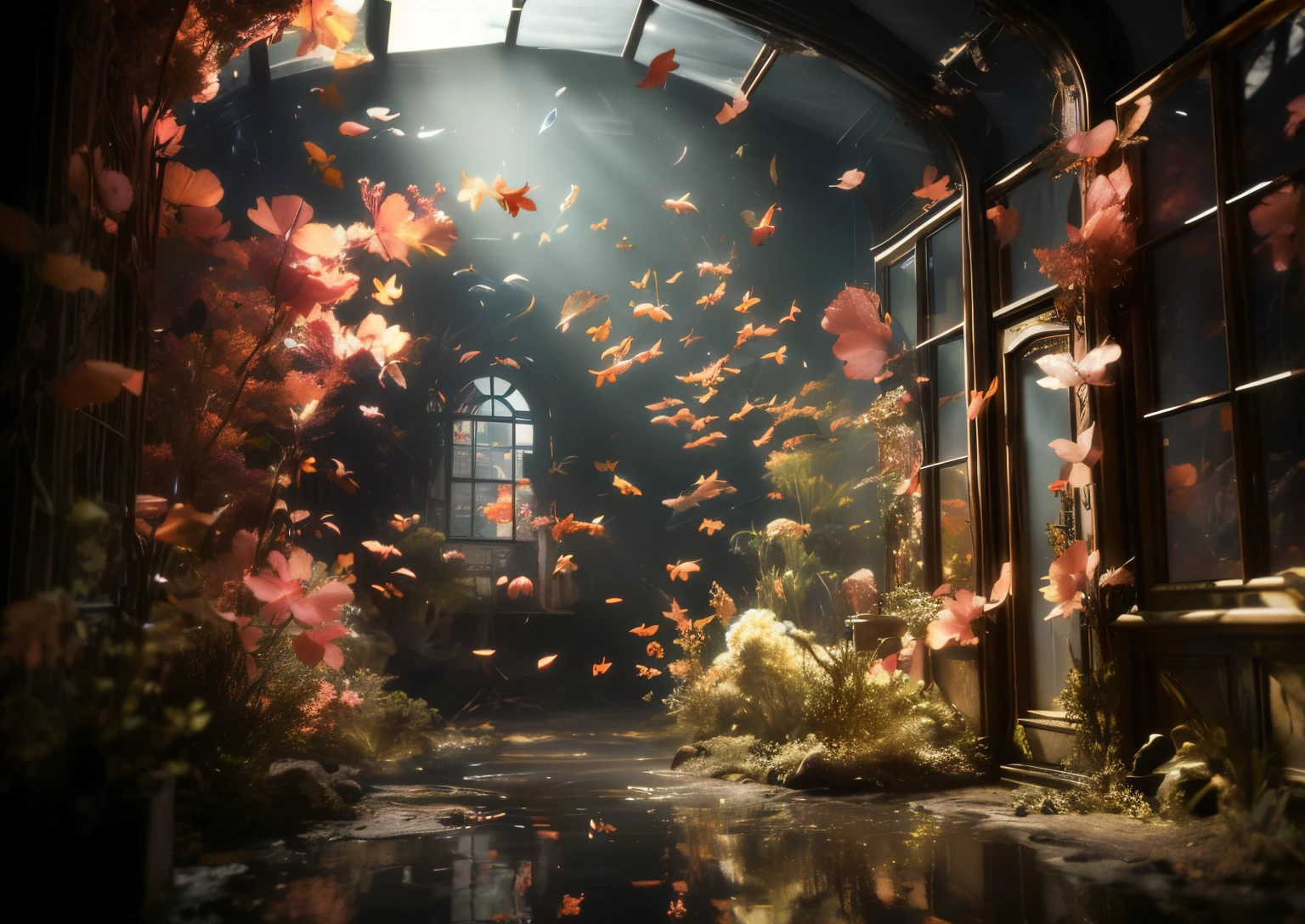 There are many leaves flying in the air in the dark, globalillumination. vfx, unreal-engine. cinematic Film still from, Unreal Engine 5 rendering drama, closeup cinematic aquatic scene, 3D rendering and cutout, Unreal Engine renders concept art, Highly detailed and ultra-realistic visuals, underwater environment, Unreal Engine 5 Digital Art, Unreal Engine Matte Painting, 3d rendered matte painting