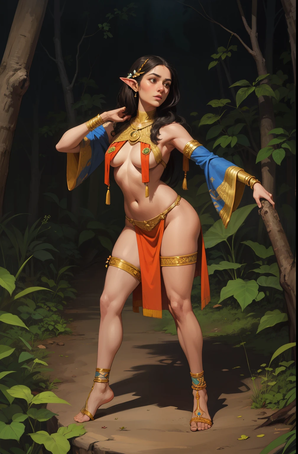 FULL NAKED. woman adulta native indian in florest, elfa da floresta. pele morena, indigena, orelha de elfo, orelha pontuda. magra, rosto fino, nariz fino, orelha longa, rosto fino, nariz fino, pintura no corpo, tatuagens. corpo inteiro, vista de frente. cabelo grande, cabelo cobrindo os mamilos, cabelo em cima dos peitos. cabelo sobre os peitos, cabelo liso, cabelo longo, cabelo sobre os seios. tanga. folhas. floresta. penas. roupas de folhas e penas. pernsa, feets, mamilos, peitos,