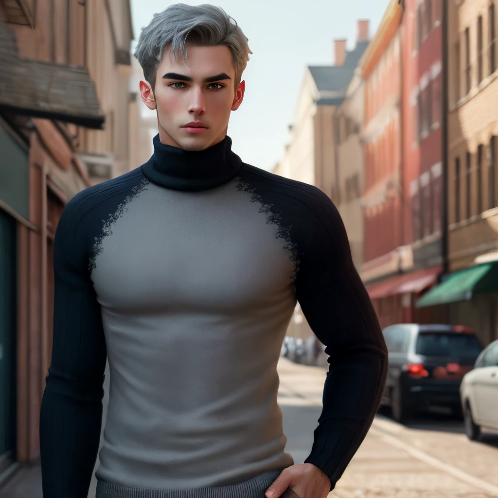 Gray hair, thread-like man, slender, black high-neck sweater
