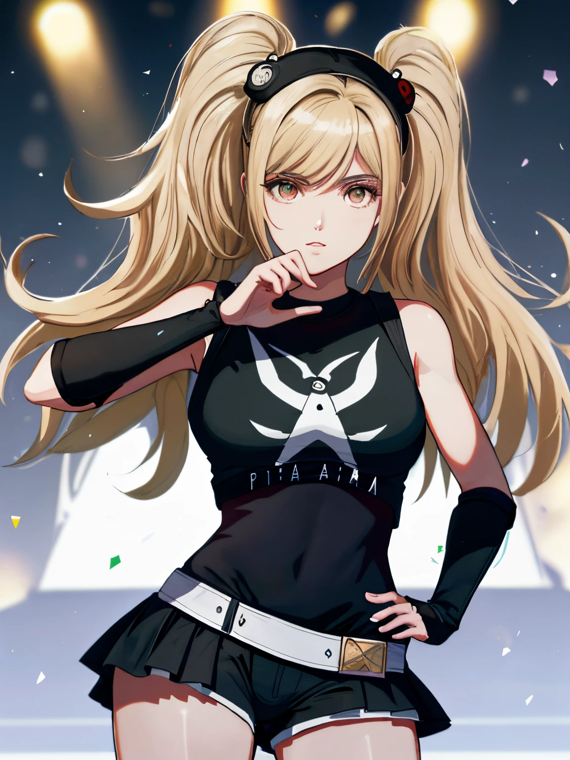 8k, obra maestra, calidad bset, grande, (1 chica), tifa lockhart, red_eyes, cabello rubia, cabello largo, Pro Lighting, (piel brillante: 1.2), brillante grande, ((mejor calidad)), foco nítido: 1.2, textura de cara y piel altamente detallada, ojos detallados, cara perfecta, cuerpo perfecto, arte borroso, cg, fondo, pechos grandes, presencia (20yo, cara madura fresca y hermosa), uso ((falda negra de tirantes), guantes negros para el codo, camisa tensa blanca, muslo, camiseta blanca sin mangas), rubor, (mittgal), pose aleatoria, vista superior,