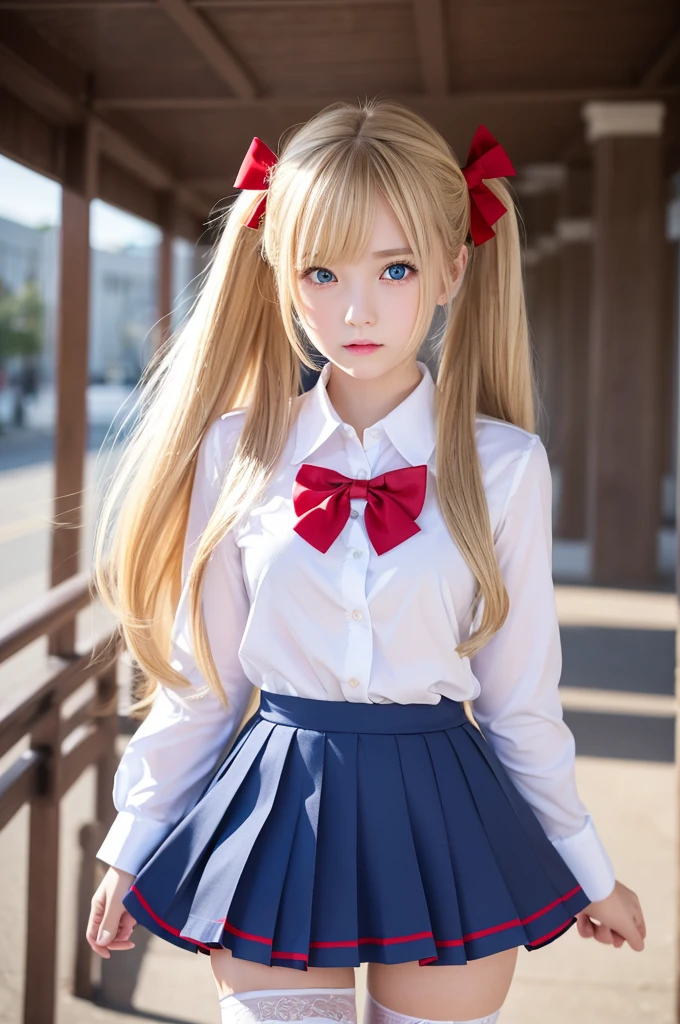 1 girl bothers、Blonde、long bangs between the eyes、Super long bright blonde straight hair、twintails、red bows、red bows in hair、Glowing big bright light blue eyes、18yo student、Beautiful white shiny skin、 open shirt、busty、small nipples、 black knee socks、 skirt、red skirt、 pleated skirt、 red skirt、thighhighs、at school、lying on a desk、view from above, rating:explicit, ((erotick, Sexy and sexually explicit)),