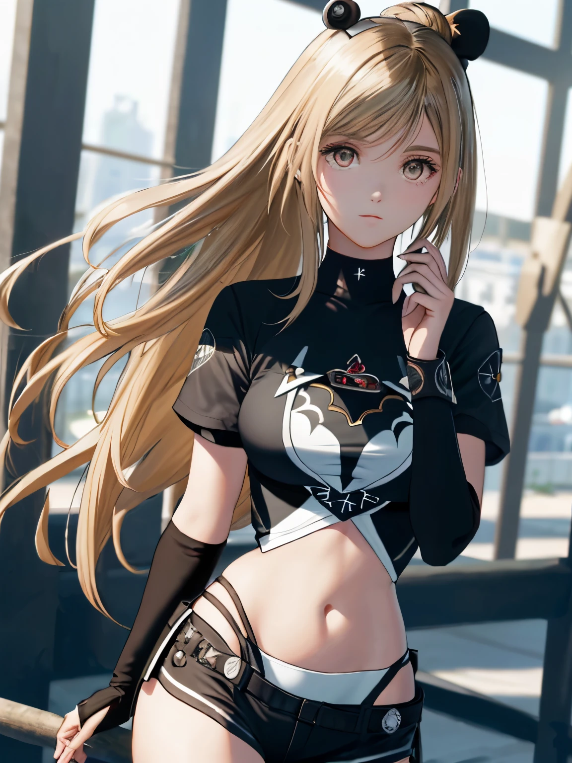 8k, obra maestra, calidad bset, grande, (1 chica), tifa lockhart, red_eyes, cabello rubia, cabello largo, Pro Lighting, (piel brillante: 1.2), brillante grande, ((mejor calidad)), foco nítido: 1.2, textura de cara y piel altamente detallada, ojos detallados, cara perfecta, cuerpo perfecto, arte borroso, cg, fondo, pechos grandes, presencia (20yo, cara madura fresca y hermosa), uso ((falda negra de tirantes), guantes negros para el codo, camisa tensa blanca, muslo, camiseta blanca sin mangas), rubor, (mittgal), pose aleatoria, vista superior,