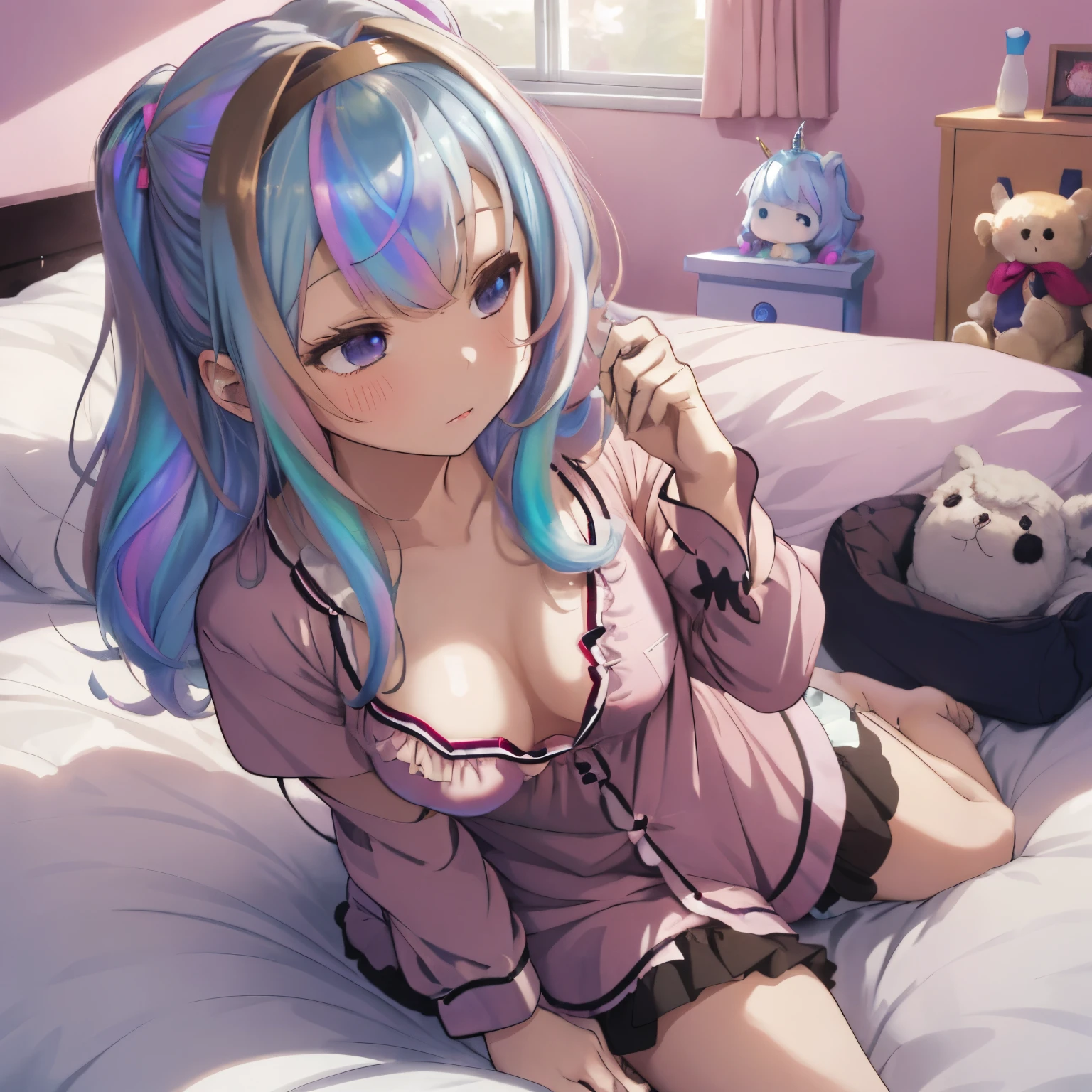 A room with warm light,Girl's room for living alone,Bedrooms,Sleeping face,Sleeping comfortably,sleeping curled up in bed,fluffy hair,Bronze hair,Iridescent light,rainbow colored hair and clothes,ruffled camisole pajamas,Fluffy shorts,fluffy hair band,Lots of toys and stuffed animals scattered around,unicorn picture book,