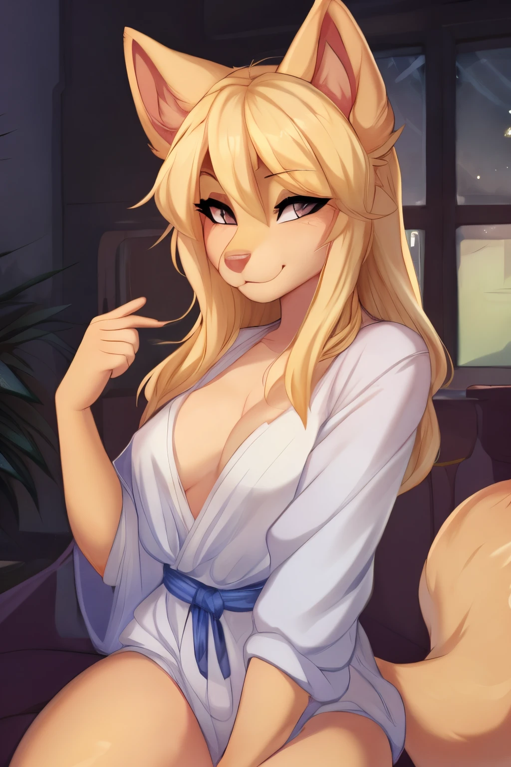 (By hyattlen, by fumiko, by claweddrip):1.2, solo, one girl, a cute anthro furry girl, female, fluffy ears, (fluffy_body:1.1), (cute_snout:1.1), fluffy tail, long blonde hair, hair, small breasts, long and tight blouse