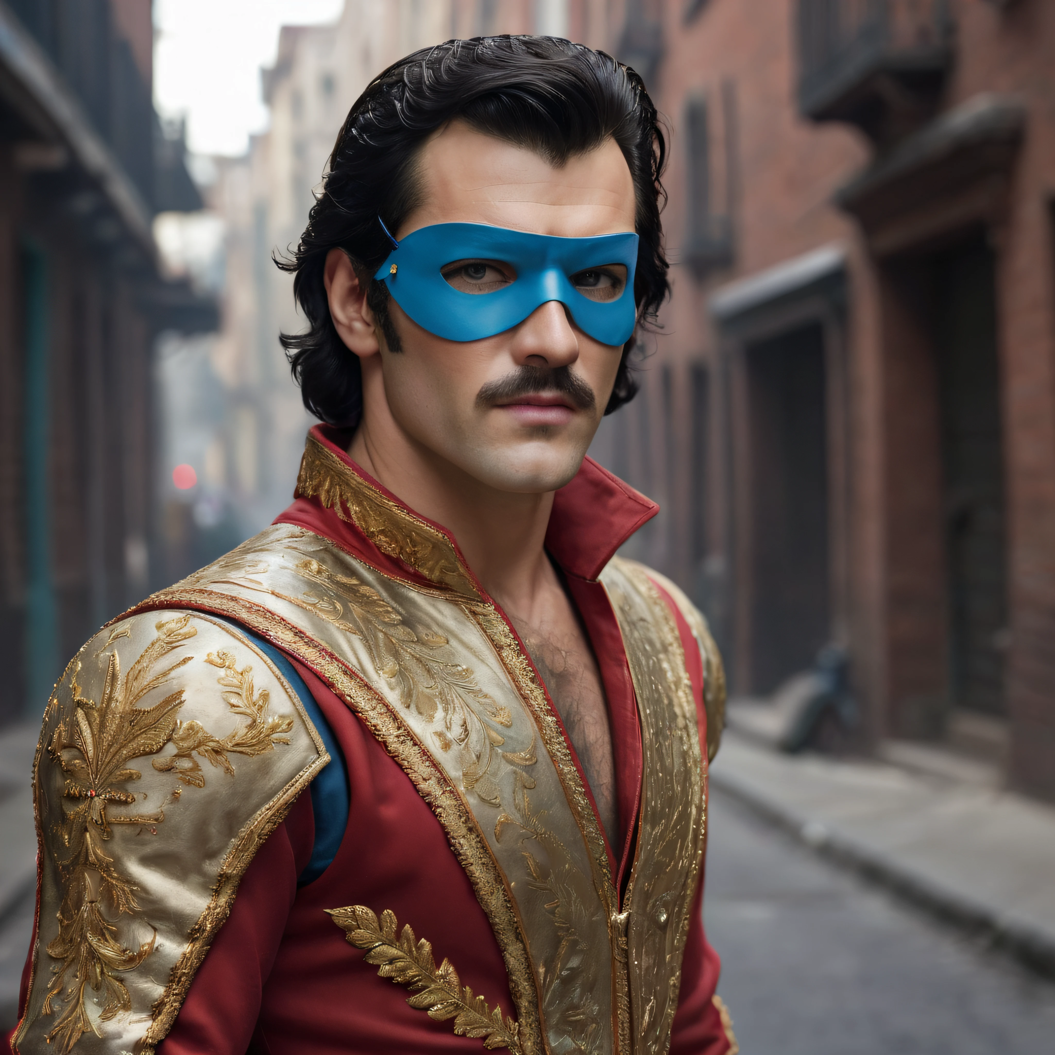 Full Body portrait, head to toe, 18-year-old Paul Stanley/Elvis Presley/Tom Selleck/Henry Cavill/Keanu Reeves/Dolph Lundgren/Tyler Hoechlin/Jon Bernthal hybrid as a man named Terrence Crabtree who has extra short, buzz-cut hair, bright blue eyes, a thick mustache, and is known as Split Second, he is faster than the speed of light, He wears a bandit eye mask, a red and gold costume and a metal helmet, oil painting in the art style of Gilbert Stuart, 32k, UHD, hyper realistic, Photorealistic, sharp, vibrant, extremely colorful, highly detailed, professional quality, beautiful, awesome, majestic, superb, trending on artstation