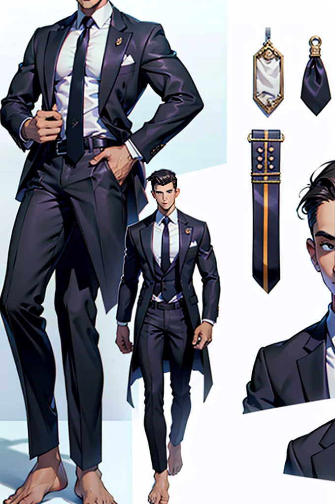 reference sheet：1.8，super detailing，high high quality，tmasterpiece，a tall boy，Handsome face，blazer jacket，White bottoms，Barefoot，black necktie