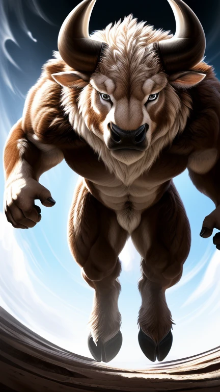 ((solo, full body perspective, standing, calm expression, anthro, looking at viewer)), male, ((bull-face, detailed fluffy fur, extreme detail, medium-length horns, muscled body, hooves, two-tone fur, brown and white furred body)), grey eyes, high contrast, dynamic composition, high resolution, (five fingers)