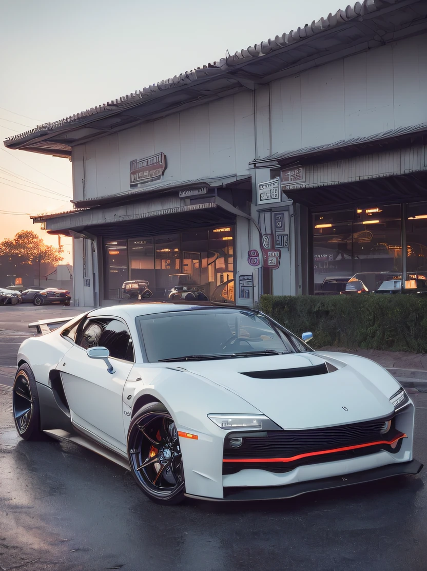 ((​masterpiece、top-quality、realisitic、ultra-detailliert、hight resolution、Photorealsitic、foco nítido、photographrealistic、Raw photography、lighting like a movie))、In the parking lot、((Futuristic Cyberpunk Hot Rod))、(With glowing tires)、3/4Front view
