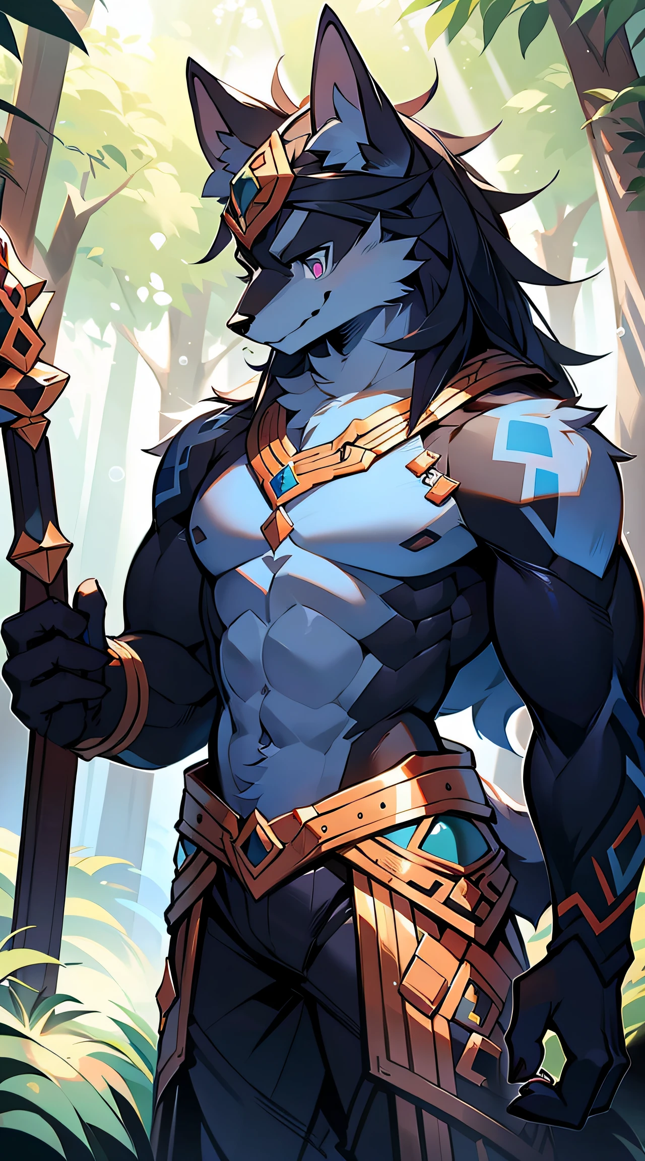 The male wolf is 180 cm tall,bluish violet eyes, , cabelos preto e longos, coda, The upper body shows off the perfect body,red and black costume,with smile,Two small ears,Stand with fair skin ,at a forest