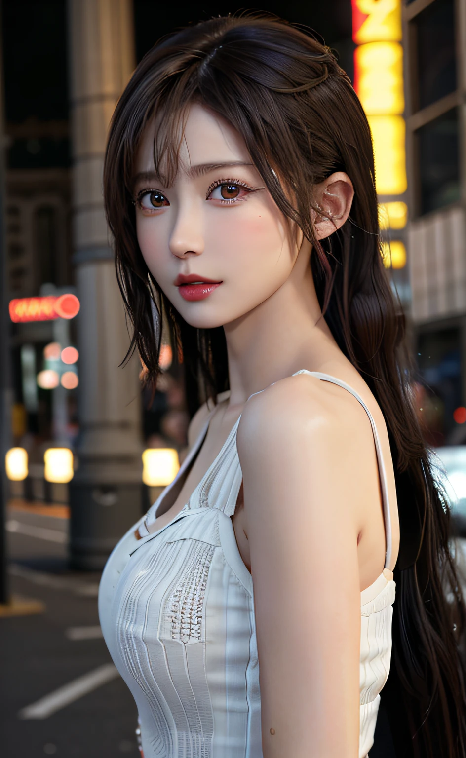 top-quality、超A high resolution、(Photorealsitic:1.6)、One Beautiful Girl、(A detailed eye:1.2)、(Details Beautiful Girl:1.4)、(tiny chest:0.8)、on tokyo street、natta、A city scape、city light、The upper part of the body、a closeup、8K、Raw photography、top-quality、​masterpiece、realisitic、Realistic、Parted bangs、long、Brown hair、red-lips