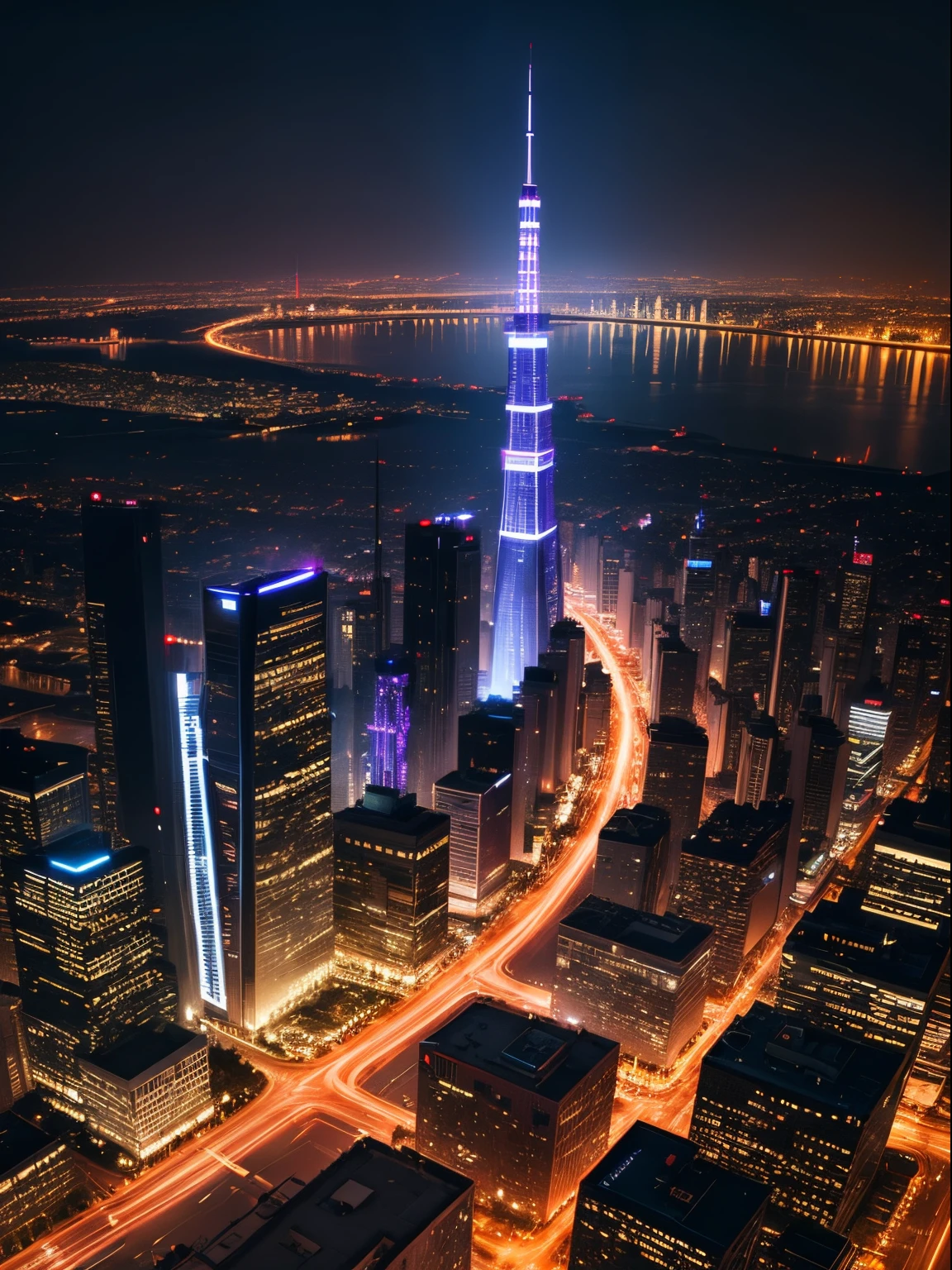 A city with towering skyscrapers、natta、nighttime scene、8K Quality