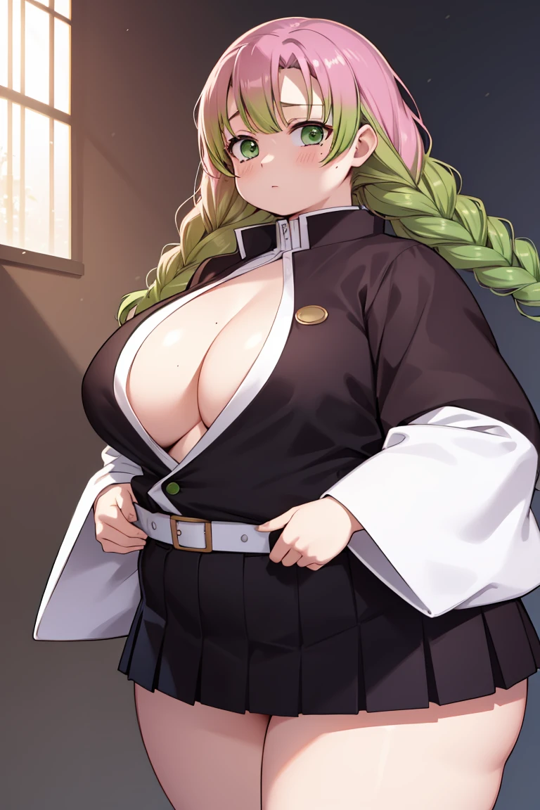 Fat mitsurikanroji, obese mitsuri kanroji, braid, gradient hair, (green eyes:1.5), green hair, long hair, mole, mole under eye, multicolored hair, pink hair, twin braids, two-tone hair, huge breasts, fat belly, obese body, fat arms, cute and fat face, big cheeks, thick thighs
BREAK belt, black skirt, cleavage, coat, demon slayer uniform, haori, japanese clothes, long sleeves, miniskirt, partially unbuttoned, pleated skirt, skirt, uniform,
BREAK indoors,
BREAK looking at viewer, (cowboy shot:1.5),
BREAK (masterpiece:1.2), best quality, high resolution, unity 8k wallpaper, (illustration:0.8), (beautiful detailed eyes:1.6), extremely detailed face, perfect lighting, extremely detailed CG, (perfect hands, perfect anatomy),
