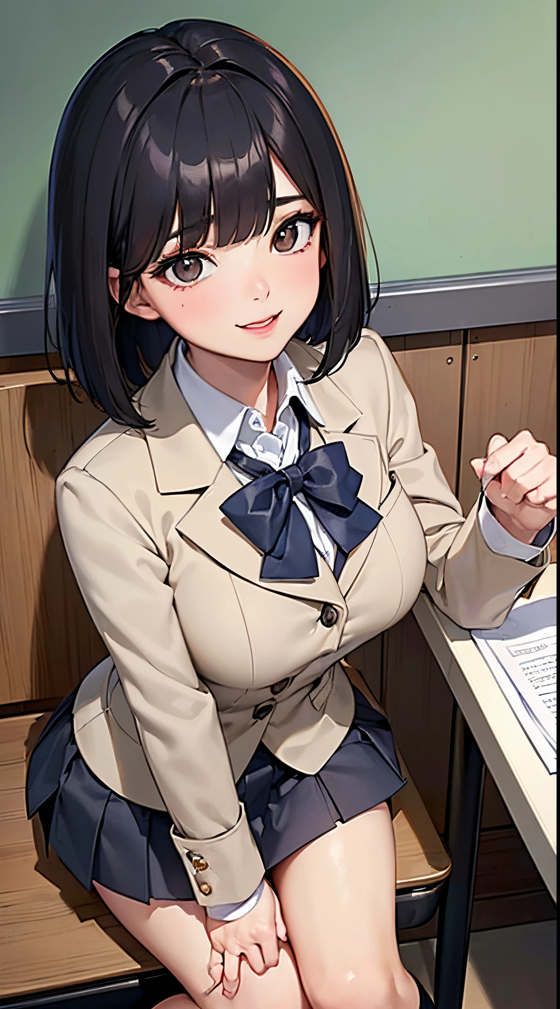 Anime, Realistic female anime style, (aegyo sal: 1), 18 years old girl, (Grey Blazer, tape, Foldable mini skirt, sox, Private School Uniforms: 1.2), Secondary Classroom, Beautiful details of the eye, (Eye size: 3/4) Facial light, ((fully body photo: 1.2)), especially strong light, (Upper eye, a smile: 1.2), glistning skin, (((A dark-haired, Cabello Bob: 1.2))), (thick thight), ulzzang -6500-v1.1: 0.2, bashful, (The Flash: 1.2), NSFW , (swollen), ((enchanting posture: 1.2, good-looking: 1.2)), (inactive), (sitting on a desk in a classroom: 1.2)), ((Good anatomy: 1.2)), ((Bright and refreshing classroom, blured background: 1.2)), face perfect, Cute and symmetrical face, (high-angle shot: 1.2)S., Natural side lighting, ((8K, Photo Raw, Superior Quality, ​masterpiece), high definition RAW color photos professional close-up photos, (realist, rendered: 1.37), (Highest Quality), (better shadows), (The best illustrations), 鎖骨 ((The large)), ((Erotic, Sexy, 超A high resolution, 8K HD unified CG wallpaper, Physical performance, Movie Lighting), Canon EOS R50 Camera 50mm Lens