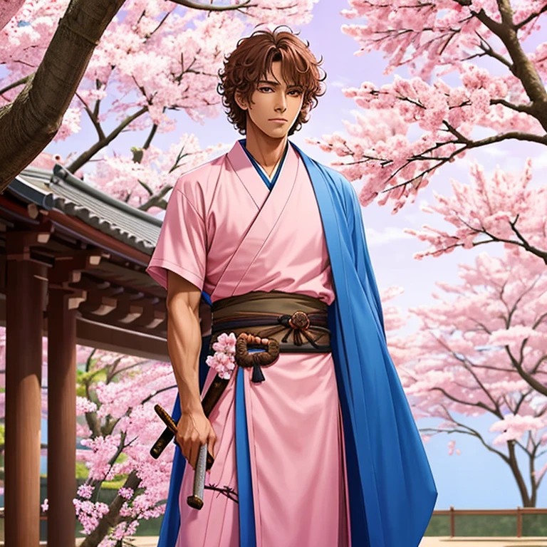 Tall boy, tan skin, skinny, brown curly hair, slim physique, pink and blue kimono, Sakura tree background, posing with samurai sword, very detailed