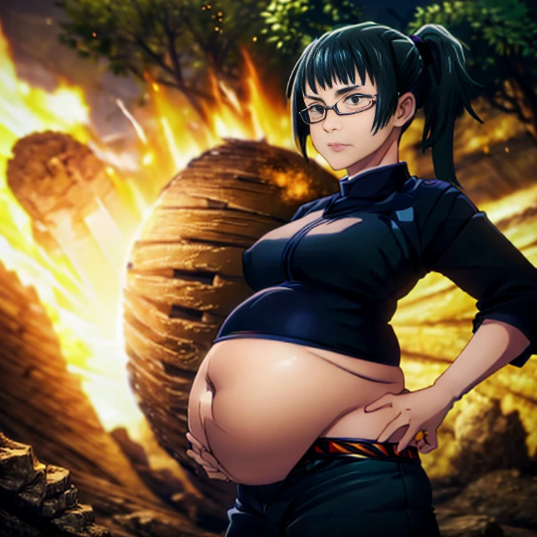 art by kipteitei, 1girl, dark green hair , hair in pony tail, maki zenin from the anime jujutsu kaisen, big jiggly belly, pretty face, nose, lips, beautiful eyes, circle glasses, (best quality, masterpiece, 4k, sharp focus), professional photograph, sharp focus, dramatic, award winning, cinematic lighting, octane render, unreal engine, volumetrics dtx, anime style,