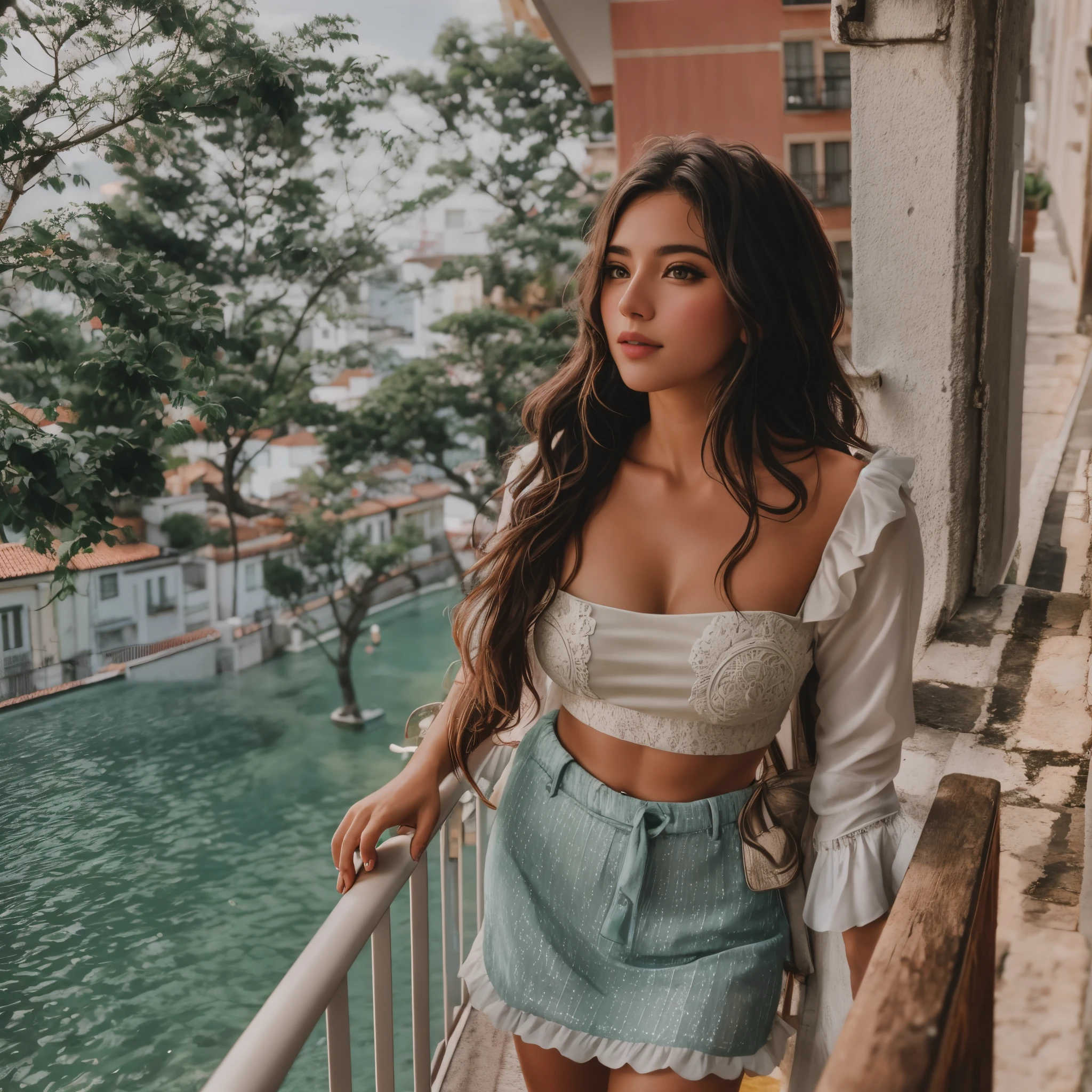 bottled woman standing on balcony with railing looking at camera, foto retrato suave 8 k, usando um top bonito, Filmagens de baixa qualidade, usando um top cropped sexy, cinematic full shot, Retrato tirado 8 K, em uma varanda, Tiro com uma DSLR, fotografia de baixa qualidade, low quality video, Fotografado com uma lente Canon 35mm