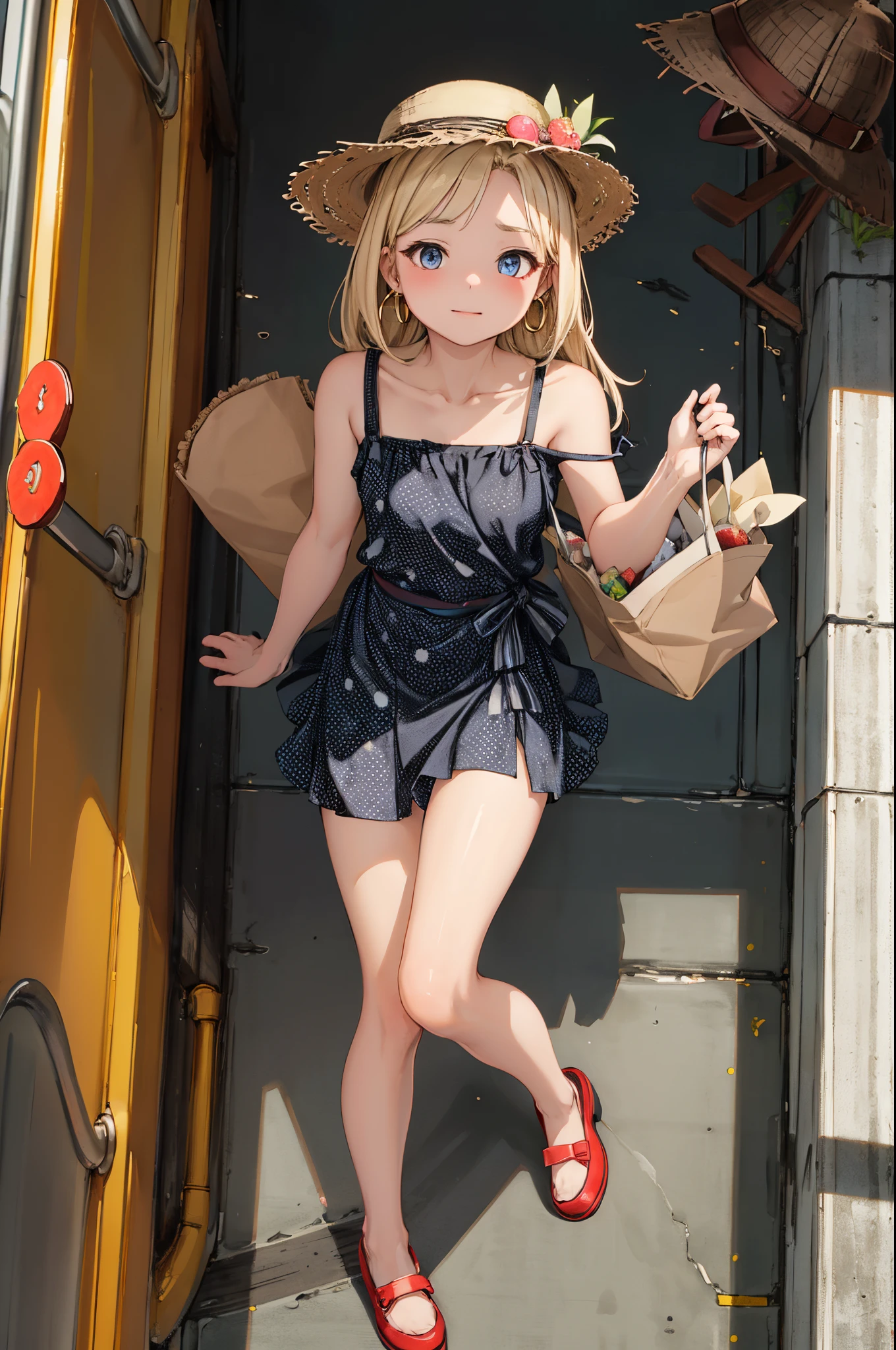 masterpiece, best quality,3girl,young girl, grapefruit eyes, ash blonde, long hair,unstable _face,shiny skin,flat chest,nice leg line:1.3,thick thighs, thin waist,, Red_polka_dot_wrap_dress, white_platform_espadrilles, woven_tote_bag, straw_hat, gold_hoop_earrings, cityscape,looking at viewer,from above:1.2,dynamic angle
