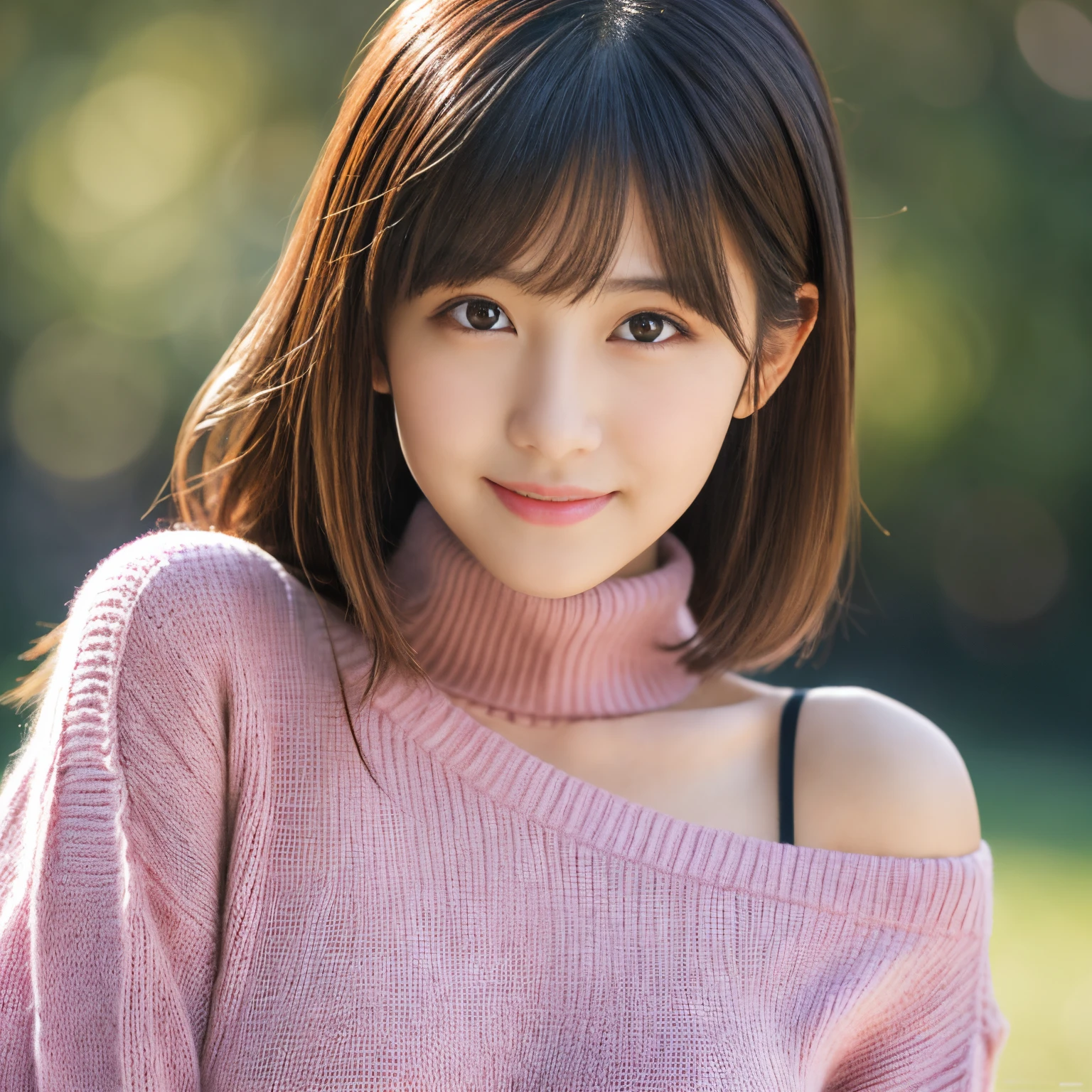 (8k, RAW photo, best quality, masterpiece, ultra detailed:1.2),(realistic, photo-realistic:1.4), sharp focus, depth of field, blur background, bokeh, cinematic lighting, soft light, cute Japanese idol, (detailed skin: 1.2), pale skin, brown eyes, smiling, happy, looking at viewer , dark green sweater, (upper body shot:1.2), (looking back:1.2)