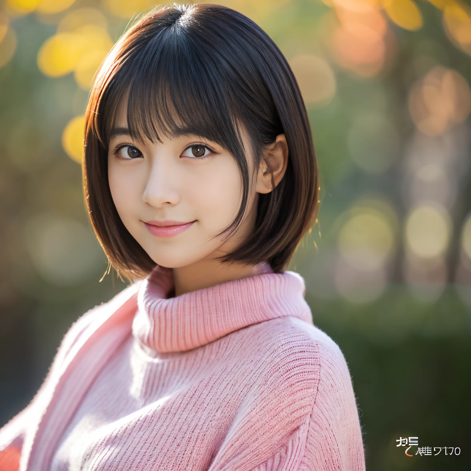 Best-quality, Masterpiece, Ultra-High-Resolution, (Photorealistic:1.4), Raw-Photo, Extremely-Details, Perfect-Anatomy, 1girl, 30-years-old, the most famous Japanese idol, upper-body-shot, from above, looking at viewer, innocent smile, wearing very tight pink turtleneck sweater, detailed extremely cute face like a most popular Japanese idol, detailed extremely beautiful big black solid circle eyes, detailed extremely beautiful black short-cut-haired, detailed extremely beautiful realistic skins, detailed extremely beautiful big breasts, detailed very tight pink turtleneck sweater