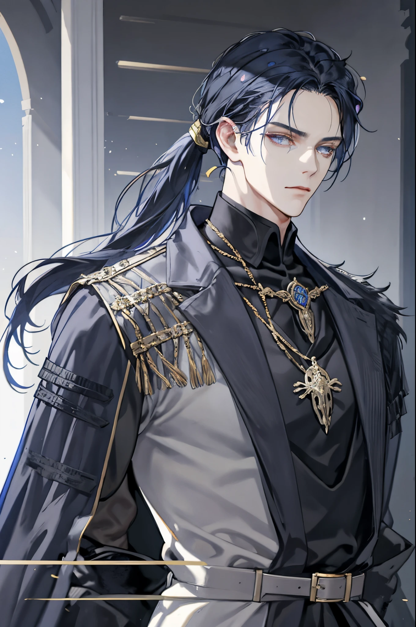 1 male, adult, handsome, blackish-blue hair, hair in low ponytail, blue-ish grey eyes, elegant, condescending, cunning, machiavellian, intelligent advisor, medieval nobility, dark colored shroud with gold embroidery , medieval clothing, fantasy, close up