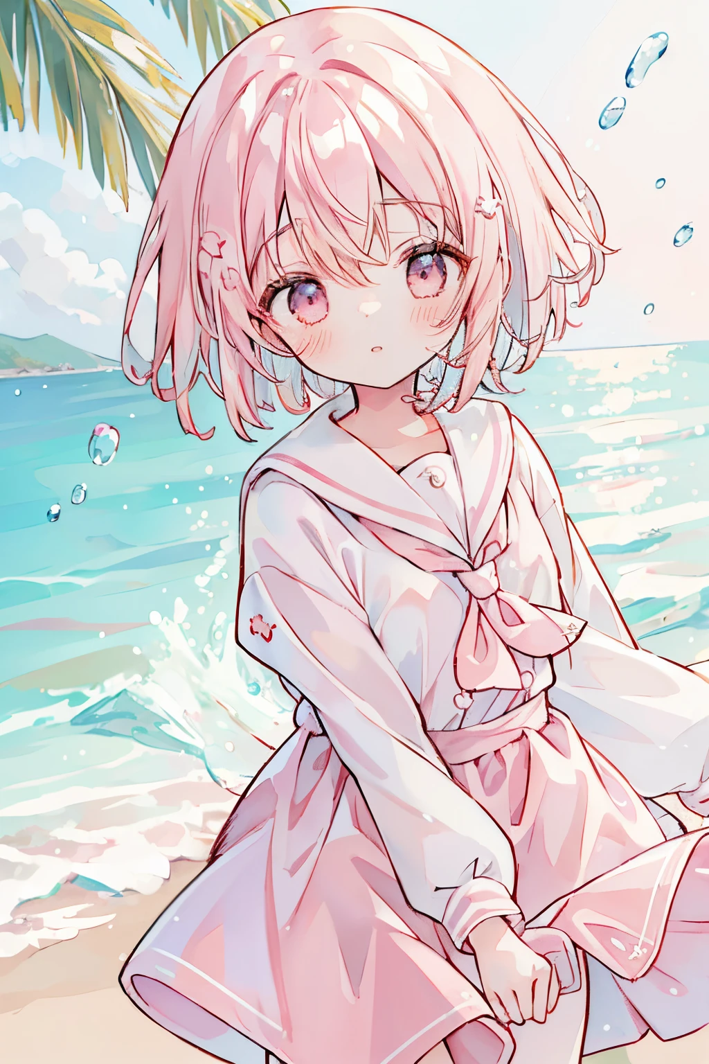 Absurd, high resolution, (Anime tone:1.1), ((Mastepeace)), ((Best quality)), (Super detailed), (Beautiful), Solo, Beautiful face, (Lift up), Cute girl on the sandy beach, Wind, Light pink hair, Bob hair, Short hair, Pink eyes, Hair flutters in the wind, Pink sailor uniform, Sailor uniform, cute, (Mastepeace, Mastepeace