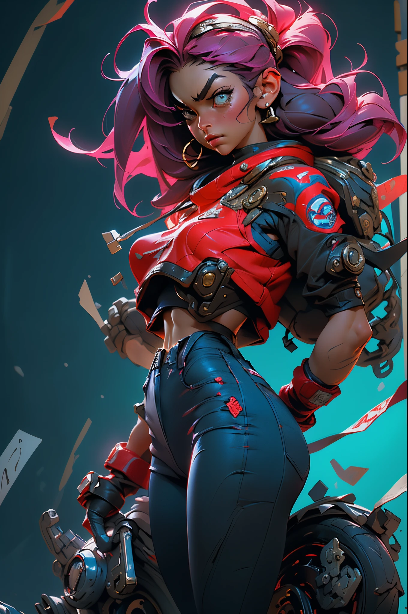 the female character in the street fighter game, in the style of dynamic action painting, dark sky-blue and light red, forced perspective, lovecore, realistic hyper-detail, aurorapunk, kinetic artwork