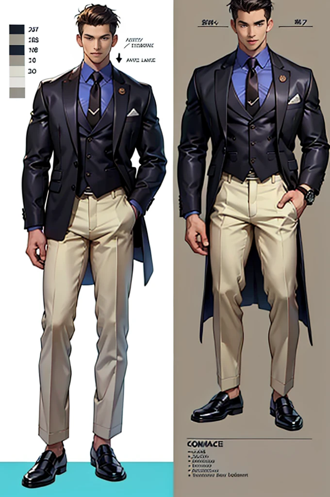 reference sheet：1.8，super detailing，high high quality，tmasterpiece，a tall boy，Handsome face，big blazer，White loose trousers，leather shoes，black necktie，commerce，Wrist watch，