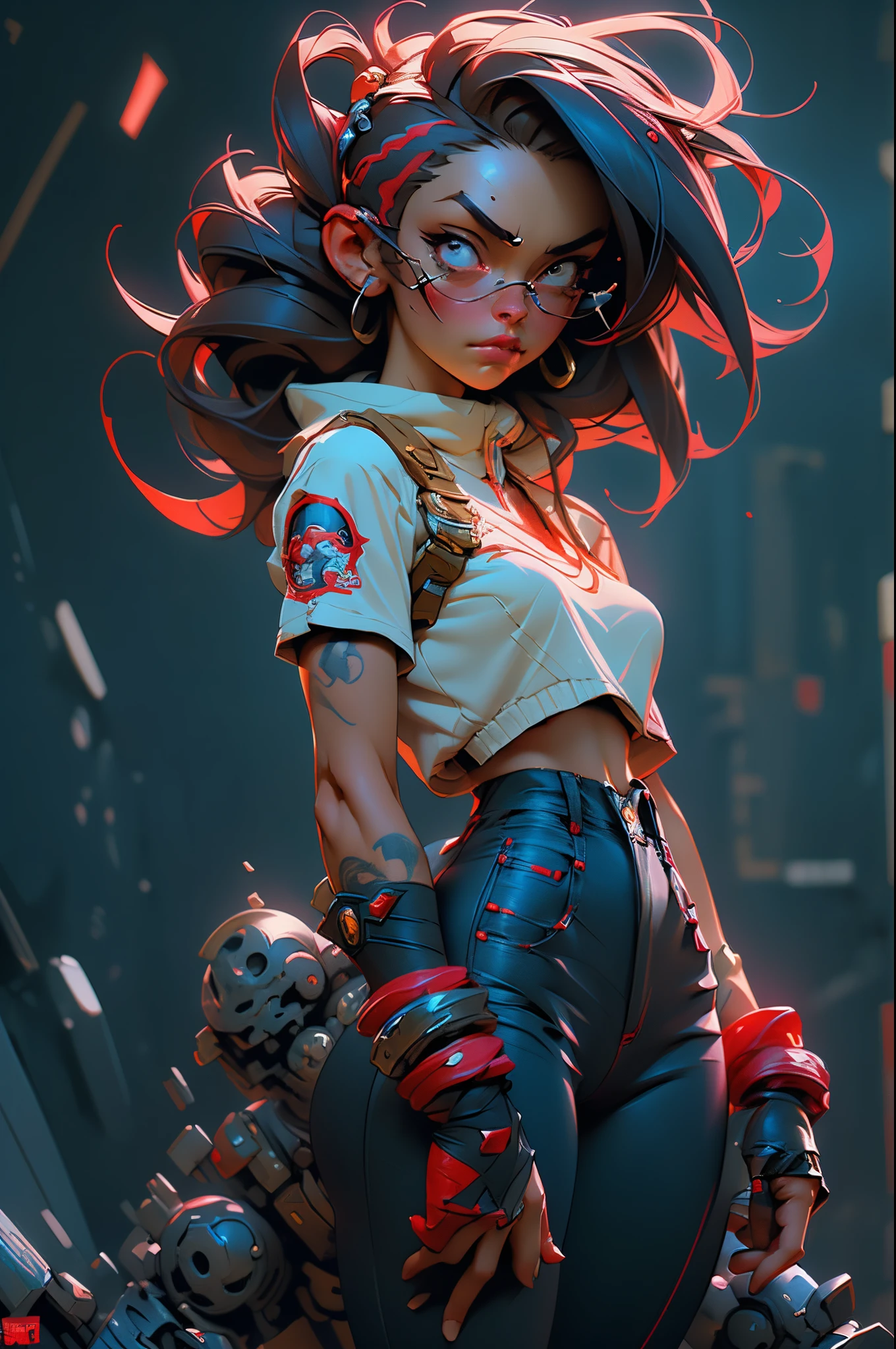 the female character in the street fighter game, in the style of dynamic action painting, dark sky-blue and light red, forced perspective, lovecore, realistic hyper-detail, aurorapunk, kinetic artwork