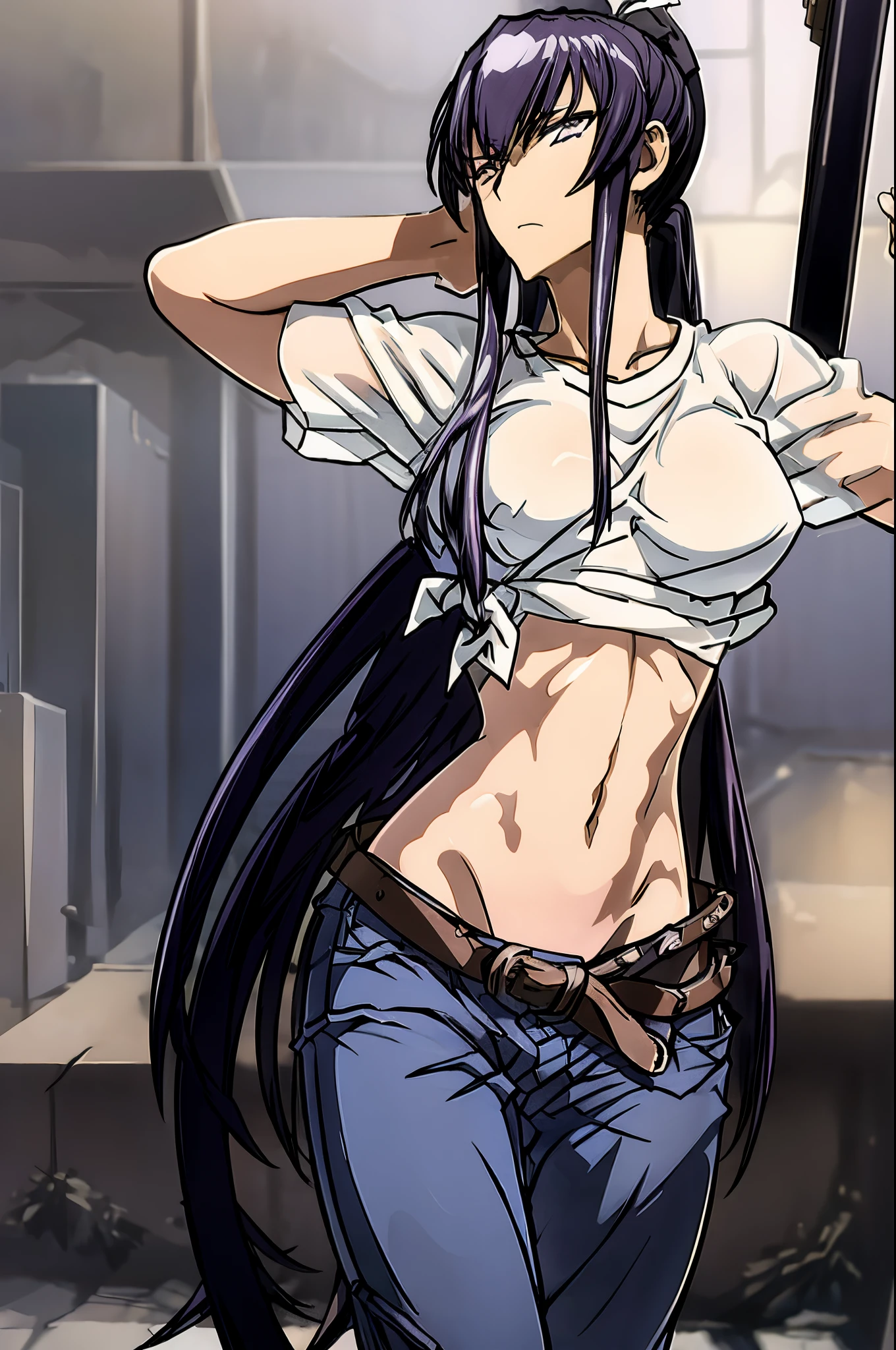 , solo, 1girl, justine courtney, hair over one eye, long hair, masterpiece,high quality,4k, bare shoulder,belly,crop top,outdoor,cleavage,jeans,casual
dress,street,road,smile, open mouth, (nsfw) not safe for work, holding a gun,handgun, evil expression,
exposed belly, exposed navel, exposed midriff, exposed lower belly, crop top overhang, underboob,
unbuttoned jeans , low rise black jeans, Low rise jeans, Low rise jeans with open fly,