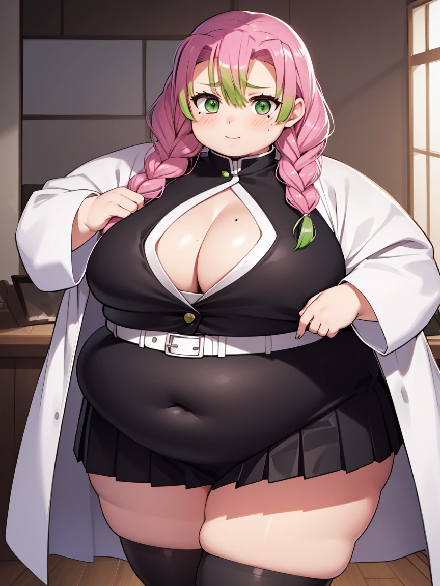 Fat mitsurikanroji, obese mitsuri kanroji, braid, gradient hair, (green eyes:1.5), green hair, long hair, mole,  mole under eye, multicolored hair, pink hair, twin braids, two-tone hair, huge breasts, fat belly, obese body, fat arms, cute and fat face, big cheeks, thick thighs
BREAK belt, black skirt, cleavage, coat, demon slayer uniform, haori, japanese clothes, long sleeves, miniskirt,  partially unbuttoned, pleated skirt, skirt, uniform, obese neck, fat sexy girl
BREAK indoors,
BREAK looking at viewer, (cowboy shot:1.5),
BREAK (masterpiece:1.2), best quality, high resolution, unity 8k wallpaper, (illustration:0.8), (beautiful detailed eyes:1.6), extremely detailed face, perfect lighting, extremely detailed CG, (perfect hands, perfect anatomy),