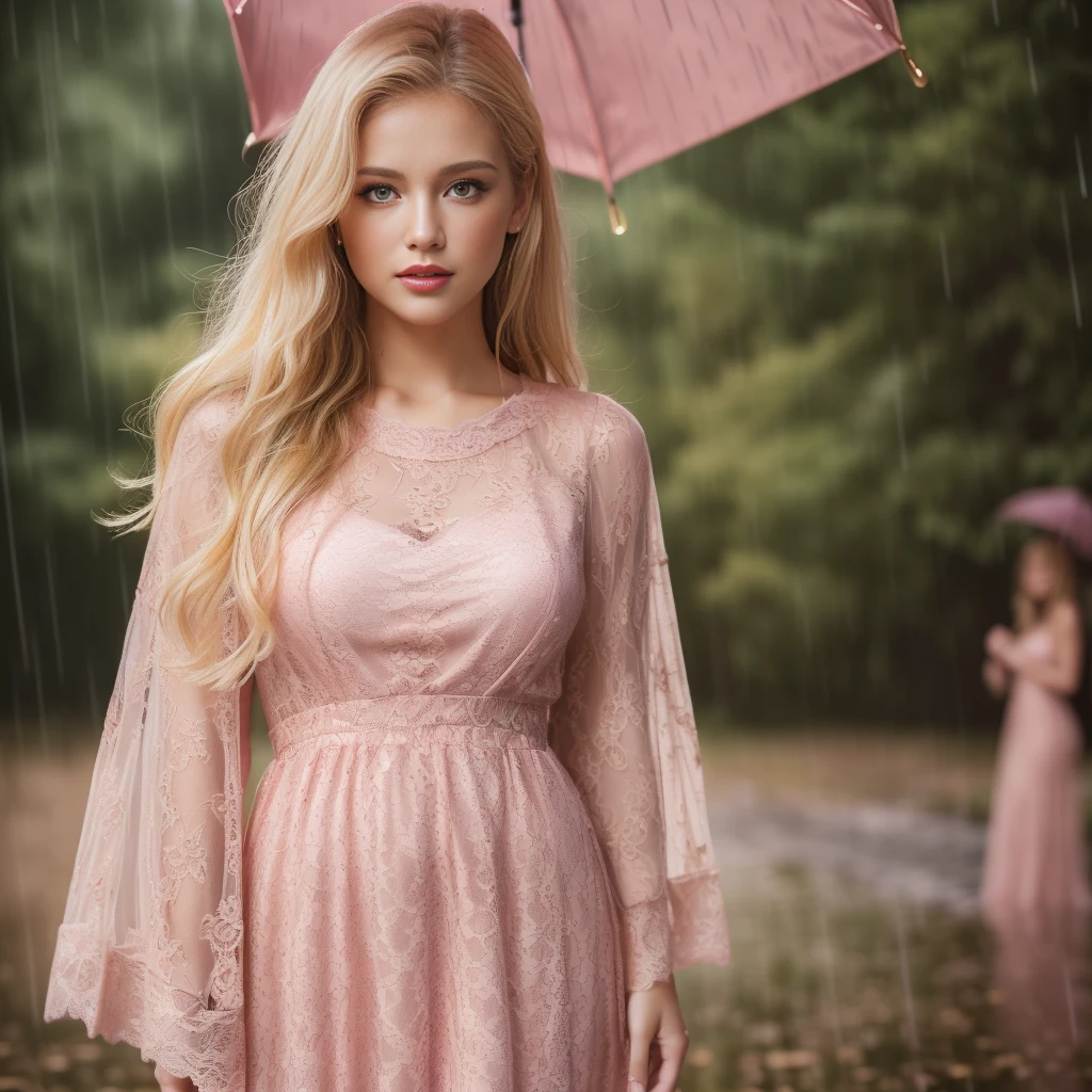 ((Best quality, 8k, golden pink lace maxi dress, standing in the rain, red light district, highly detailed face and skin texture, detailed eyes, double eyelids.) , sexy look, looking on camera, small breast, pink golden skin touch, golden pink lipstick, gorgeous blonde, women, deep forest field.