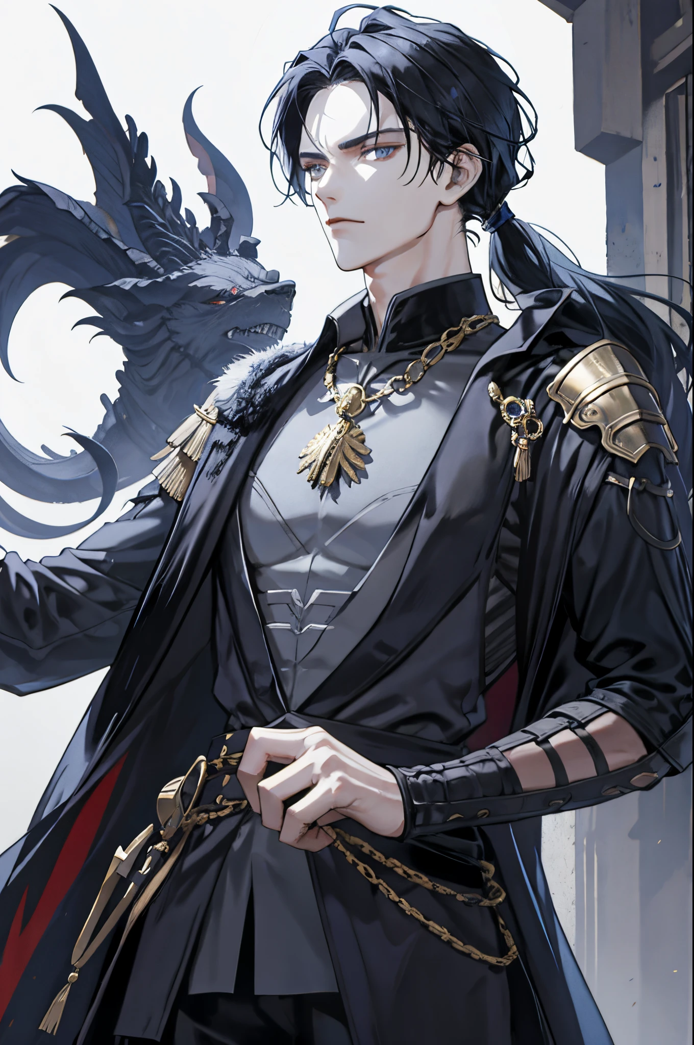 1 male, adult, handsome, tall and lean body with broad shoulder, dark black-blue hair, hair in low ponytail, blue-ish grey eyes, intelligent, cunning, machiavellian, advisor, nobility, dark colored attire with gold embroidery , medieval times, fantasy, close up