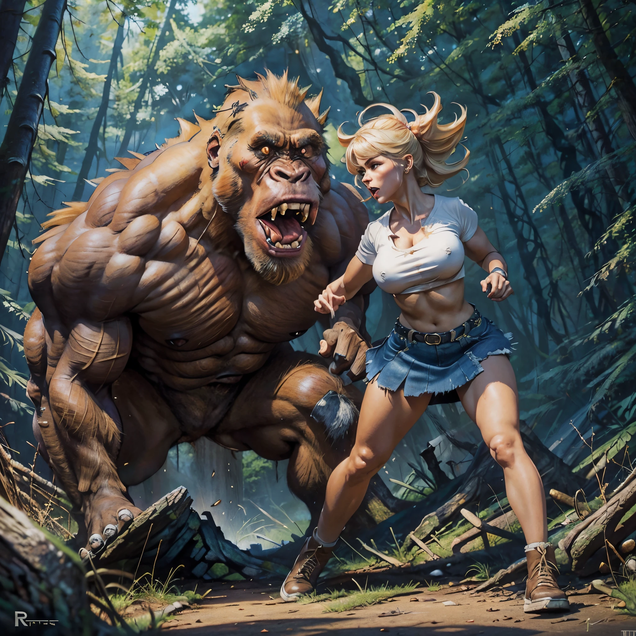 NSFW (1girl, 1monster), long shot, high energy action shot, head to foot, a beautiful, helpless blond woman wearing a torn, white, short-sleeved shirt and shredded blue skirt jeans screams and runs rom a towering, angry, hulking, shaggy, dark brown naked, ape-like bigfoot, with blazing red eyes crashing through the woods, painting in the style of a 60s exploitation paperback illustration