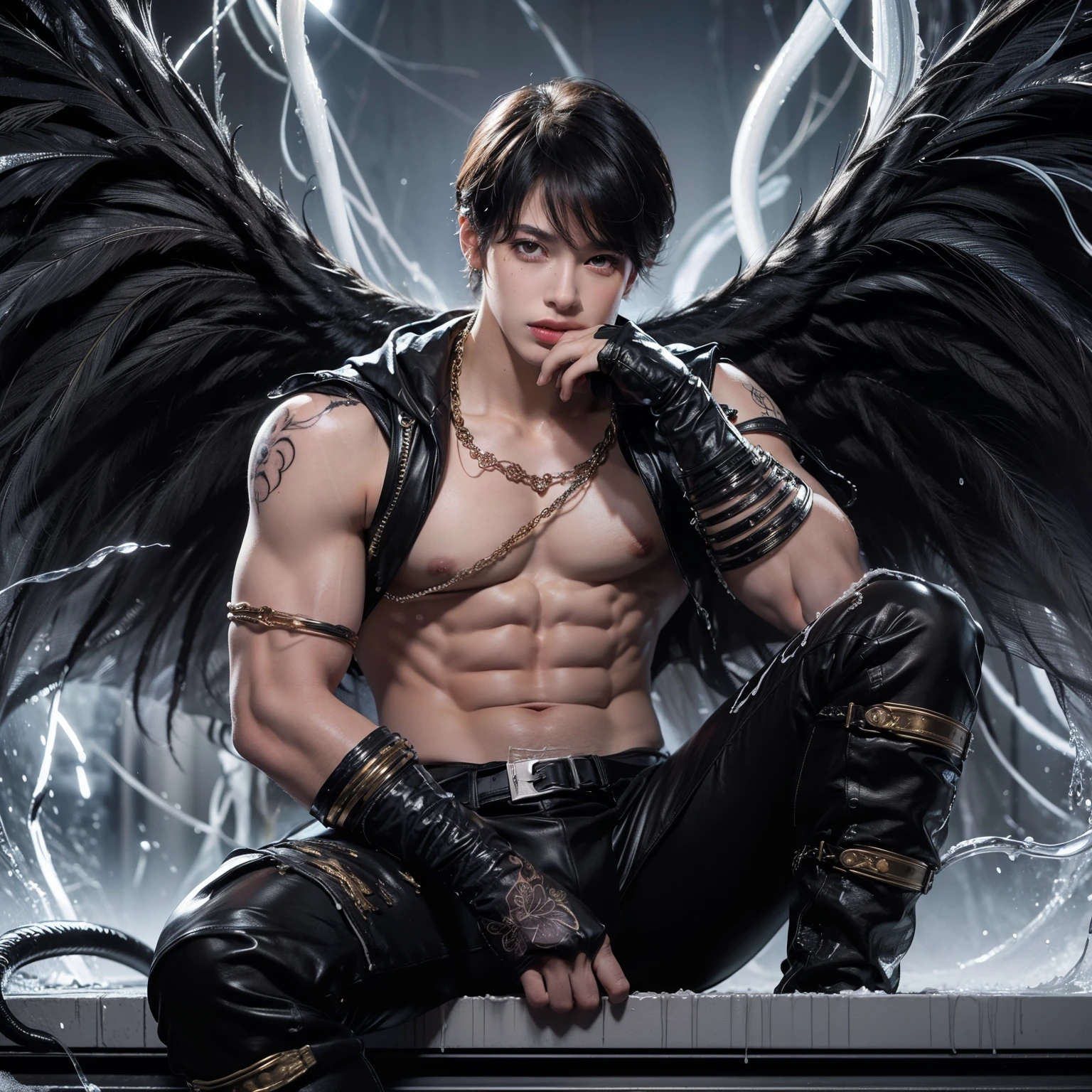 bestquality, masterpiece, (photorealistic portrait:1.4), 3 Boy , Shirt with collar, Waist up, dramatic light, from the bottom , handsome, Six Pack, charming, kawaii, White skin, nude,No underwear. , Penis touch, Large, long veins erect the penis., Short black hair, yellow eyes,The body is covered with a viscous transparent white liquid and sperm., Oral sex, Penis suction, Magic Sperm ,A cloak made of sperm., nude, bare breasts, ,Red tattoo on the chest,Red eye ball,Super tight panties.,How, sperm,Golden sperm,nudity,Sperm chain,All clothes are sperm., Rose, floral, Back up, Perfect penis,nude ,How, masturbation,The penis is clearly visible.,Sperm everywhere, White,The body is covered with sperm.,White sperm,The penis is covered with sperm.,White mucus,transparent pantie, Peacock feathers,God's clothes are made of leaves.