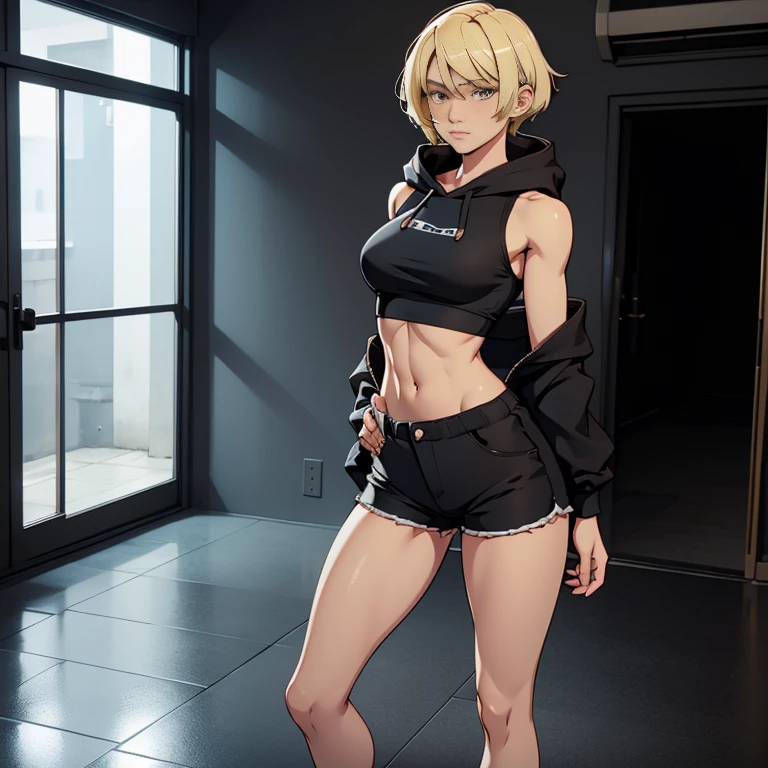 A beautiful, barefoot, blonde, shorthaired, woman, wearing black shorts and a tight black croptop with a hood, standing on the floor.