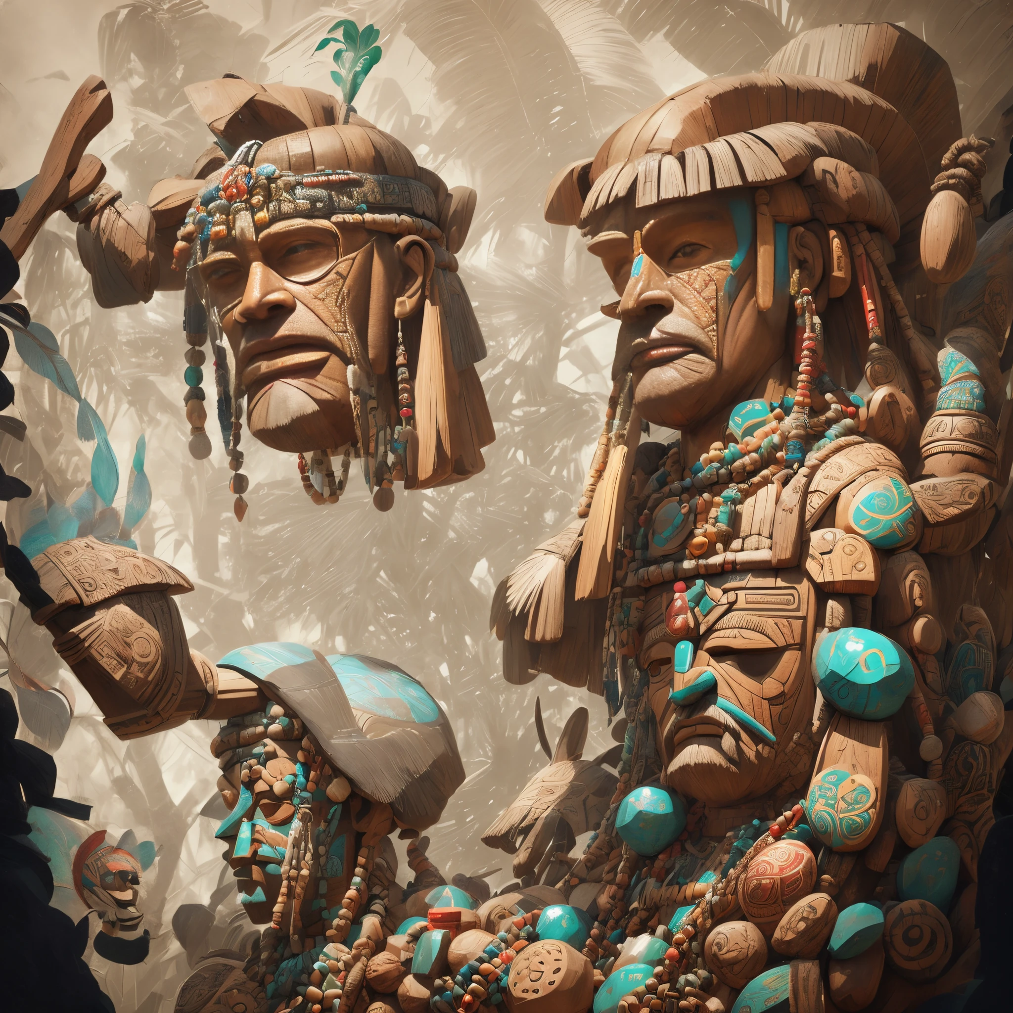 people of various designs々There are many wooden statues of, 3D Toys Aztec God々as a Funko toy, Ancient tribes, beeple and jean giraud, highly detailed digital artwork, 3 d render of a shaman, 4K highly detailed digital art, digital painting of quetzalcoatl, Detailed digital 3D art, 3d rendering stylized