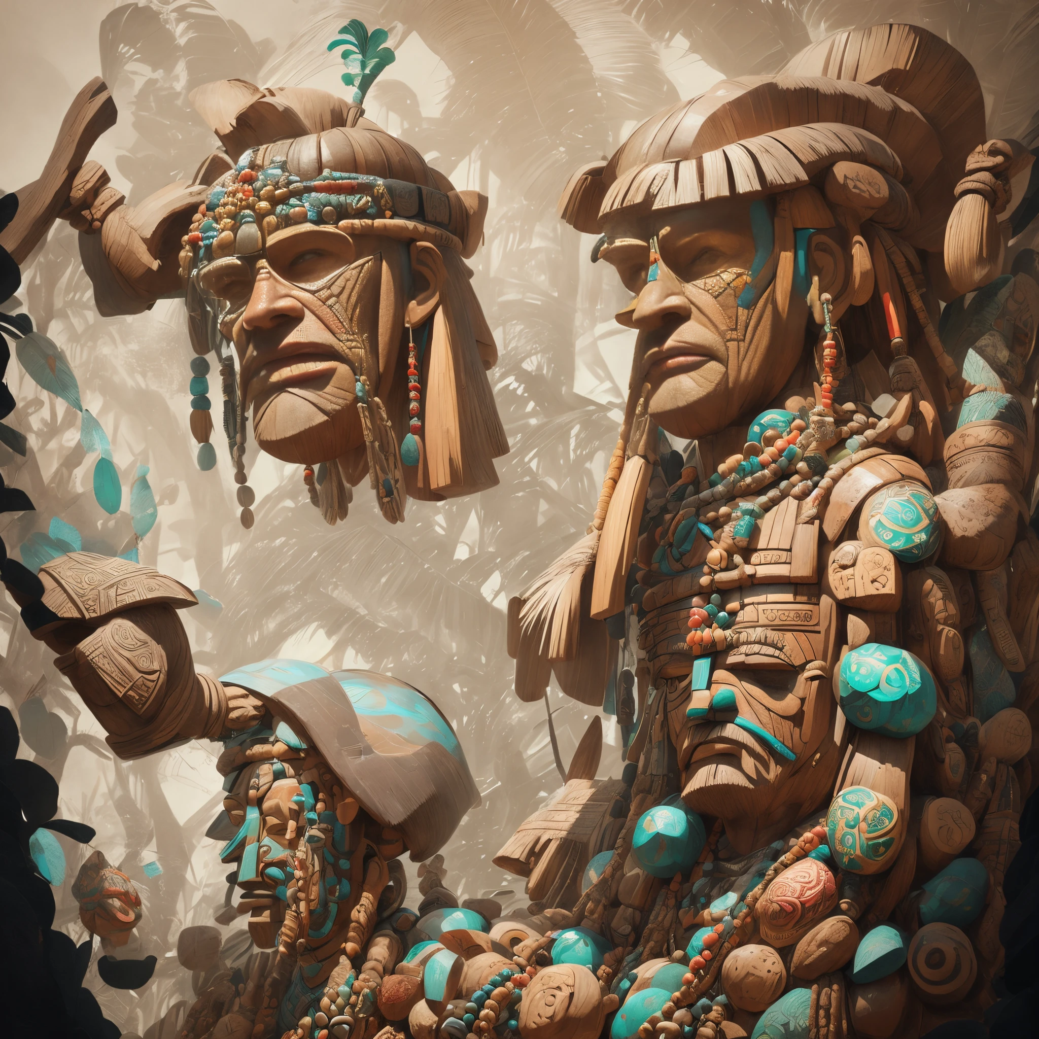 people of various designs々There are many wooden statues of, 3D Toys Aztec God々as a Funko toy, Ancient tribes, beeple and jean giraud, highly detailed digital artwork, 3 d render of a shaman, 4K highly detailed digital art, digital painting of quetzalcoatl, Detailed digital 3D art, 3d rendering stylized
