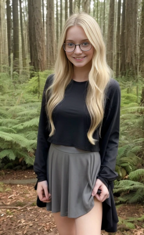 a 23 years old barefoot  woman wearin glasses and a black synthetic top with poofy long sleeves, a long black skirt, blonde wavy hair,  calm smile, blue eyes, freckles, standing in a forest.