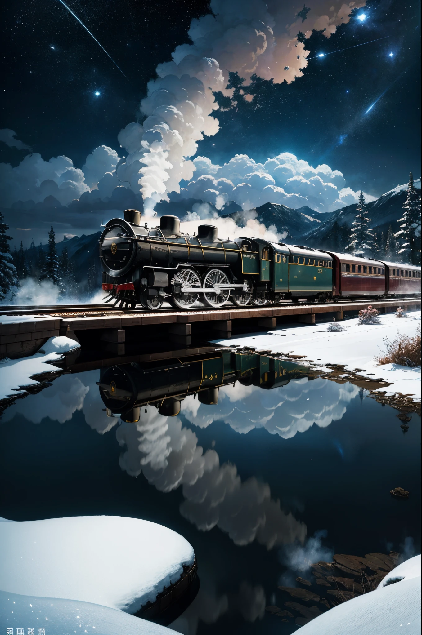 High-quality、 masterpieces、((focus on a large steam train))、on the track、landscapes、snow Scape、rime、Bright starry sky。Break Romantic Train、pixiv、concept-art、Laffy art style、reflection。lofi art, beautiful anime scene, Break Anime Scenery, Detailed landscape — width 672、 break,specifics,Realstic,4K highly detailed digital art,octane renderings, bioluminescense, Break 8K resolution concept art, 真实感,by Mappa Studios,A masterpice,Best quality at best,Official art,illutst,Ligneclair,(Cool_Color),perfect-composition、absurdist、Fantasia、Focused、Rule of thirds