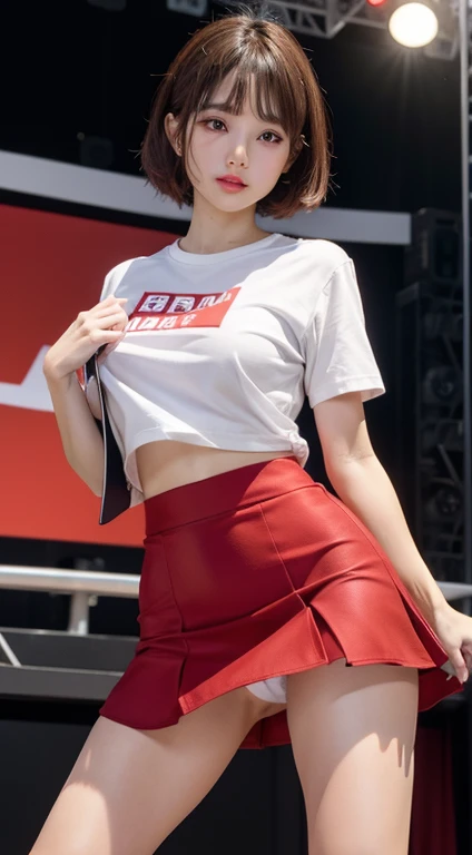 (4K Picture Quality)、{Photo quality 8K:2}、{Ultra high resolution photo quality:2}、{ultra realistic}、{perfect anatomy}、{japan}、{NSTDA.}、1 Female、Brunette bob、 red micro mini skirt、white micro t-shirt、dancing、Dynamic Poses、Twisted skirt、White panties are visible.、Her body can be seen entirely.、being on stage、Reveal the nipples.