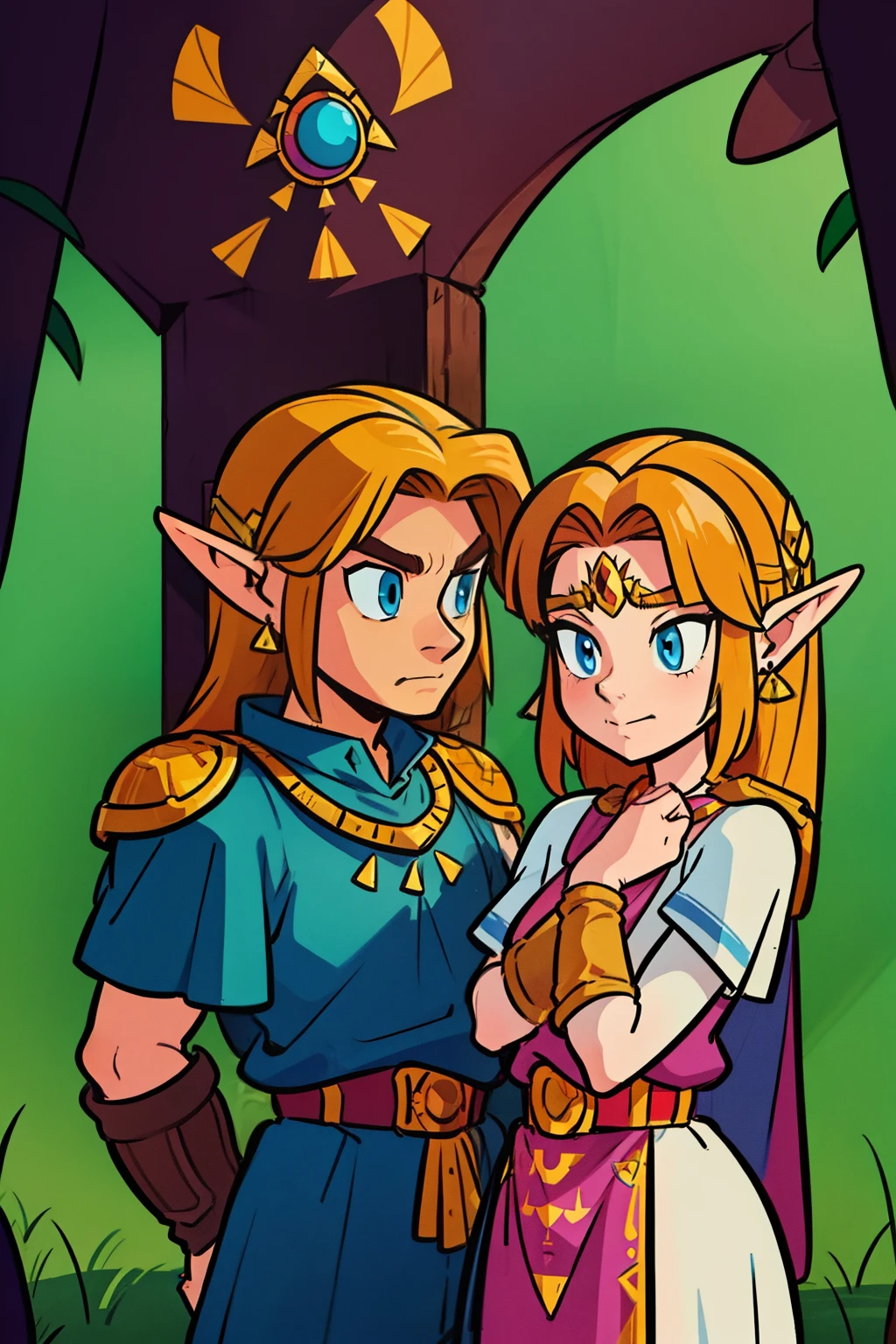 Link and Zelda, legend of Zelda, two people, boy and girl, in a dark fantasy world with a 1980s Frazetta style inspired by the Legend of Zelda game series.