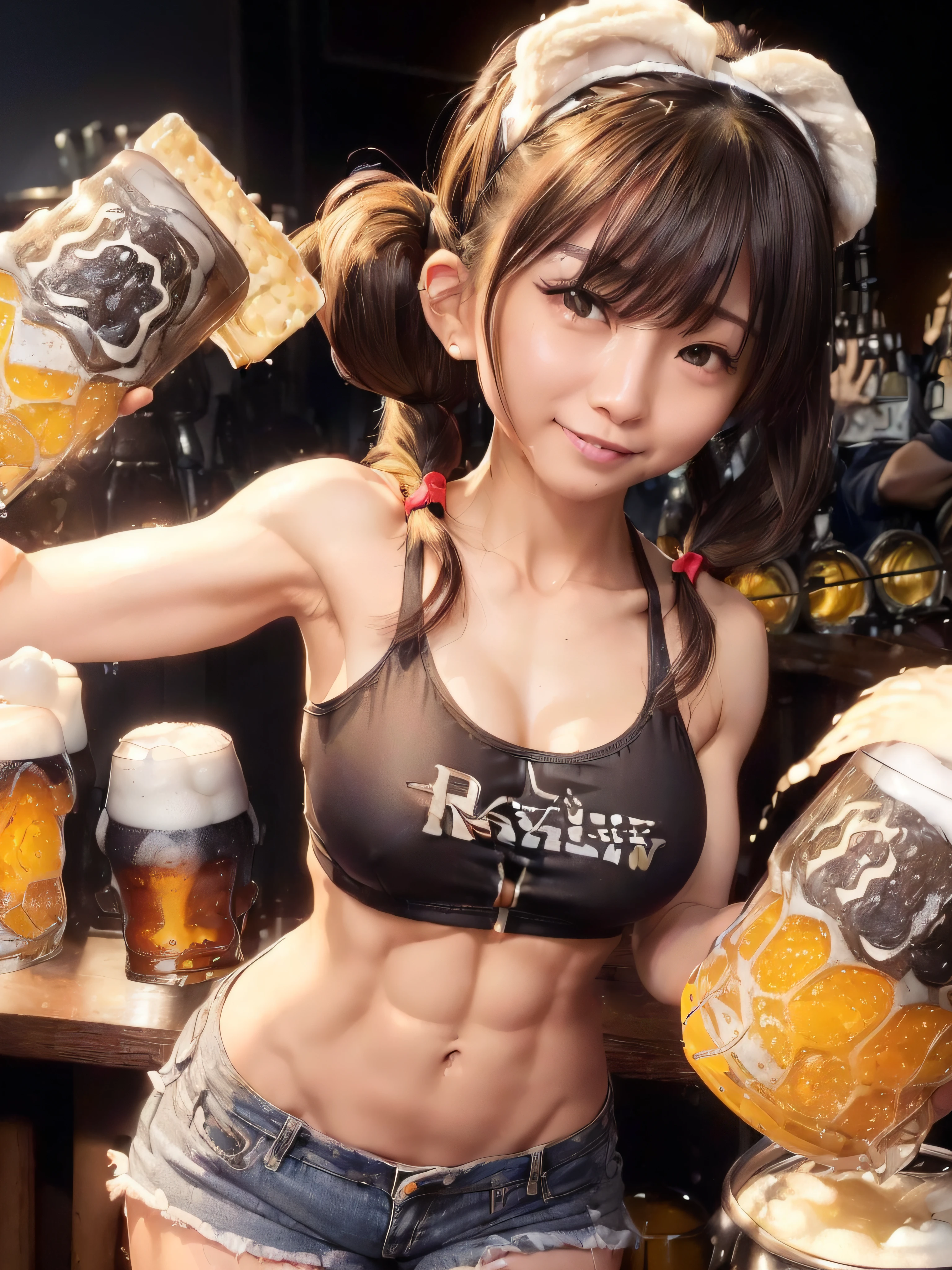 (((RAW image quality:1.4)))、8K分辨率、1 girl,A smile、(((abdominals:1.4)))、(bodybuilder body type:1.4)、tshirts,hotpants,((poneyTail:1.3)),((Cheers、beer:1.5)) Navel out、bending forward、cleavage of the breast,Izakaya、Intricate details, Hyper realistic, Perfect Anatomy