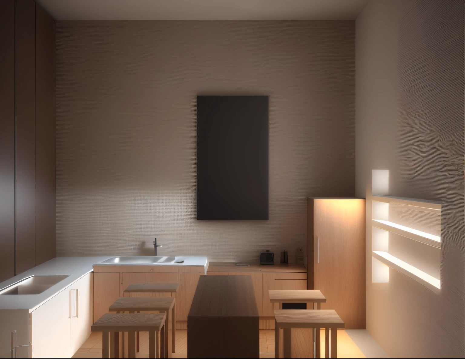 , flat 2 d, interior of a small room, furniture concept photo!!, 3 d rendered, 3d rendered, orthographic 3d rendering,Kitchen ,bàn ghế ăn ,tủ gỗ mặt đá,see you nước,Wine rack,window,Soft lighting