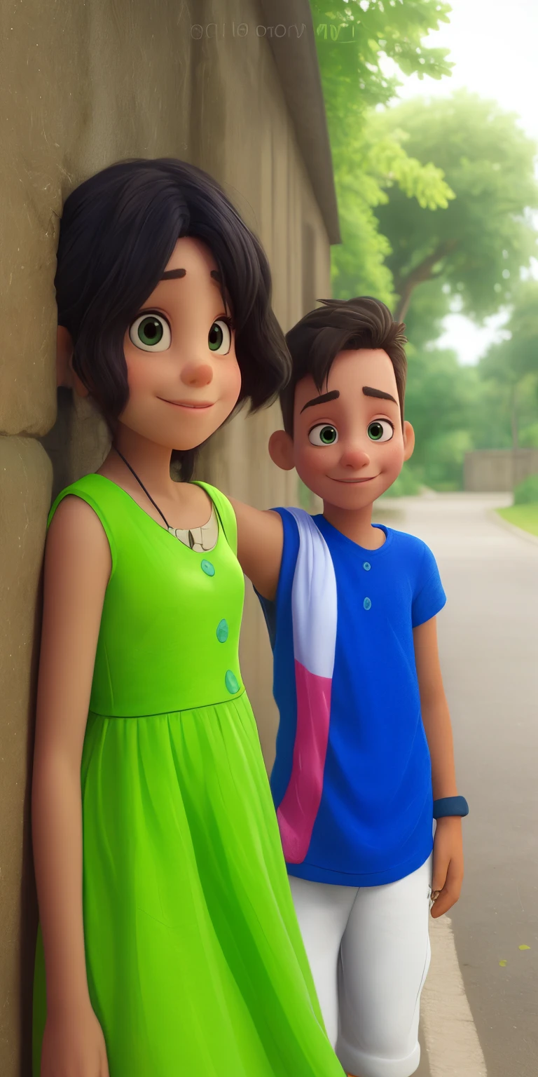 On the left is a girl wearing a green dress On the right is a boy wearing a blue banyan The girl in the green dress is cute and the boy in the blue banyan is handsome Behind the boy on the left is a paved black road is that two kids is a very beautiful